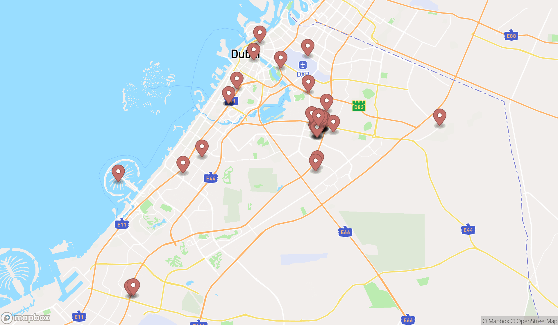 Map showing the search results in Dubai