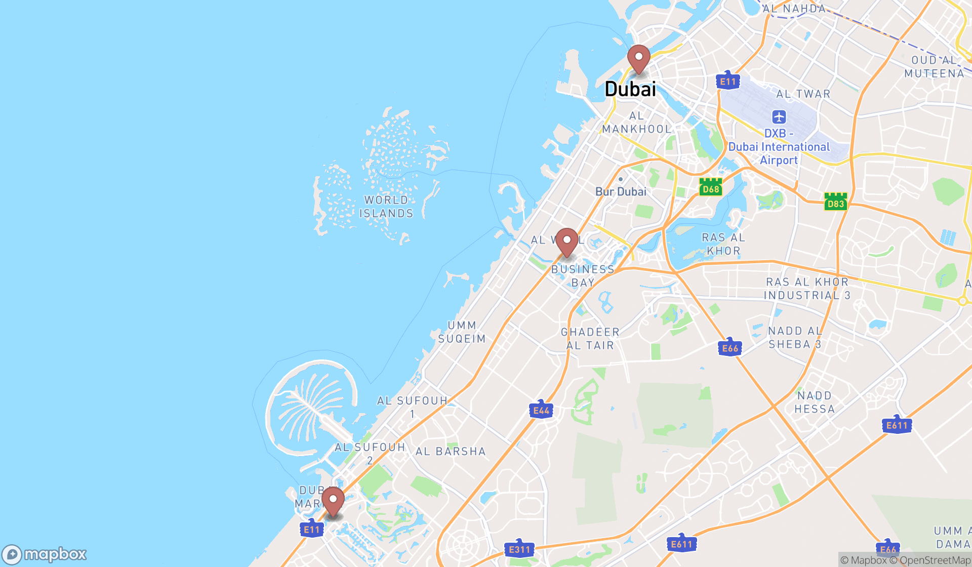 Map showing the search results in Dubai