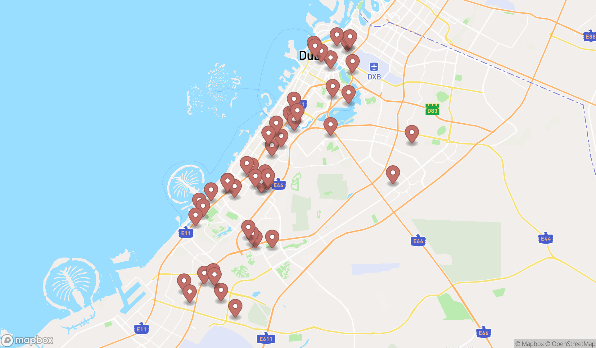 Map showing the search results in Dubai