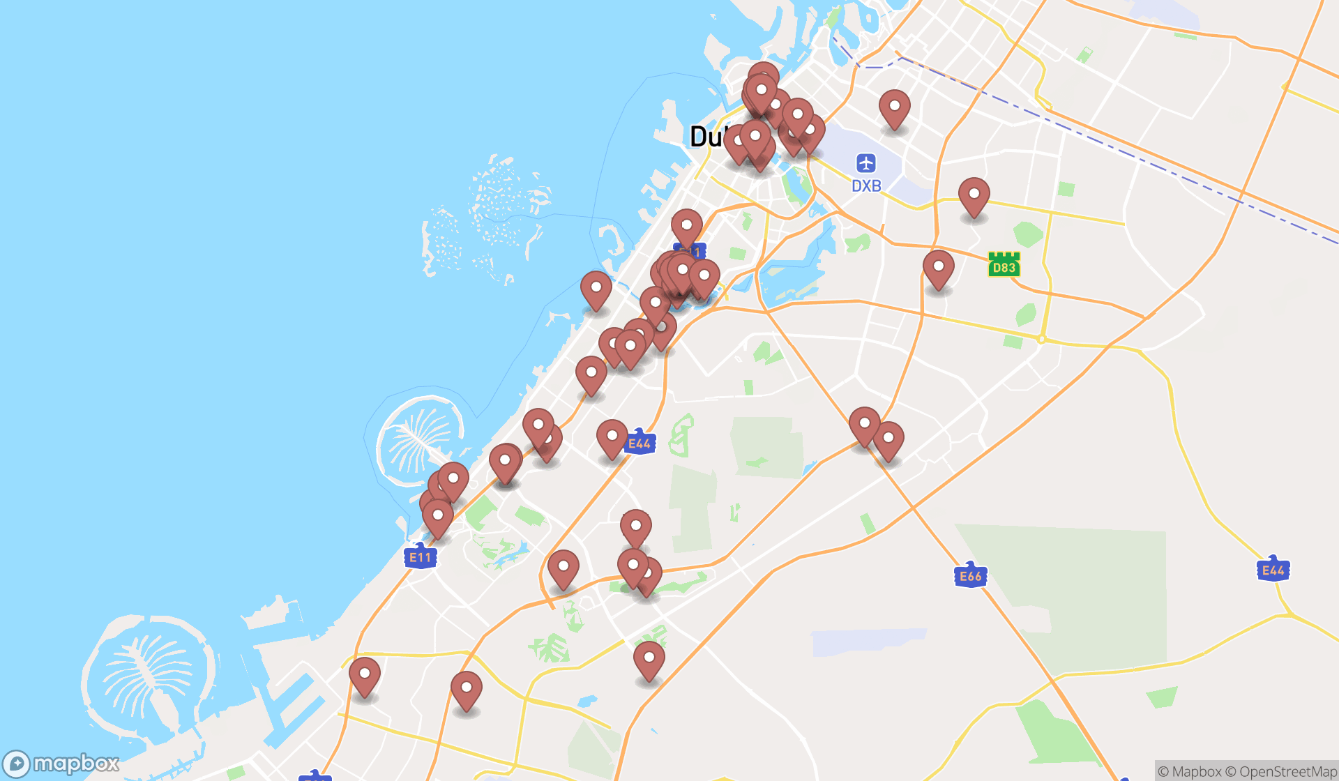 Map showing the search results in Dubai