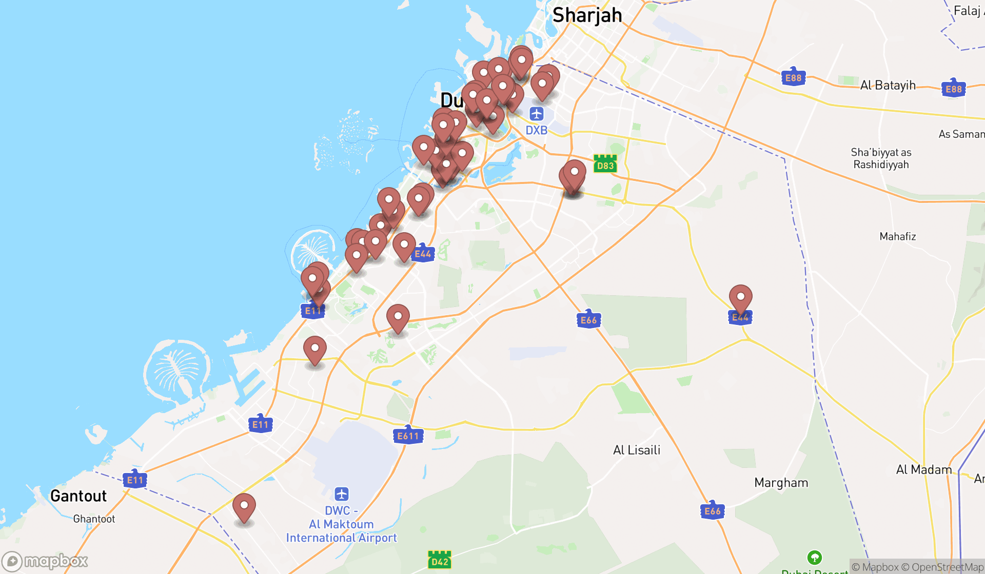 Map showing the search results in Dubai