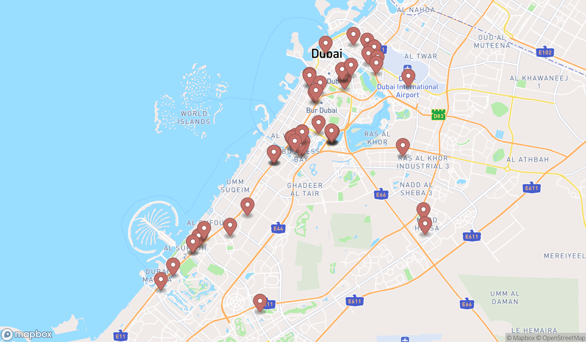 Map showing the search results in Dubai
