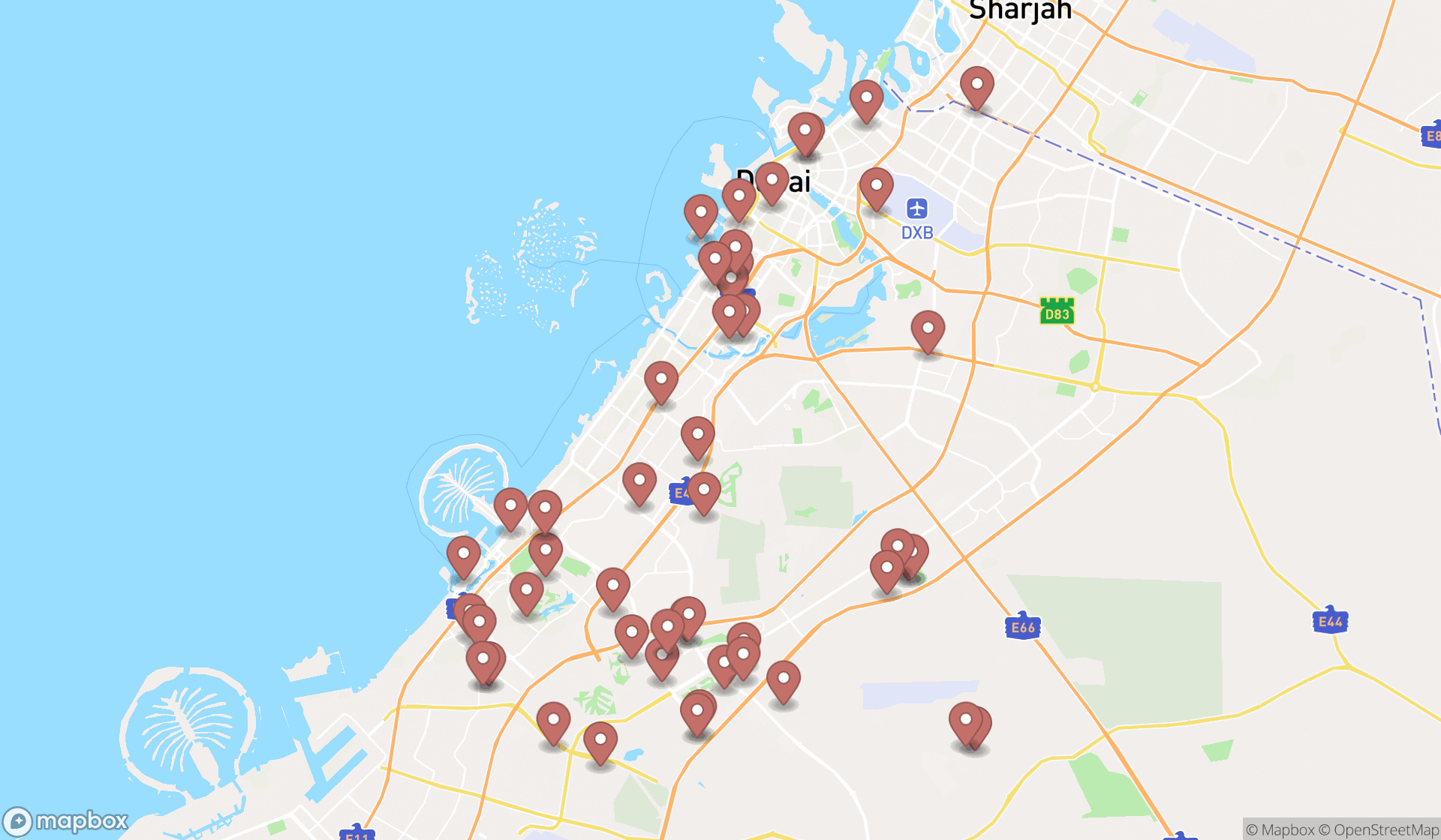 Map showing the search results in Dubai