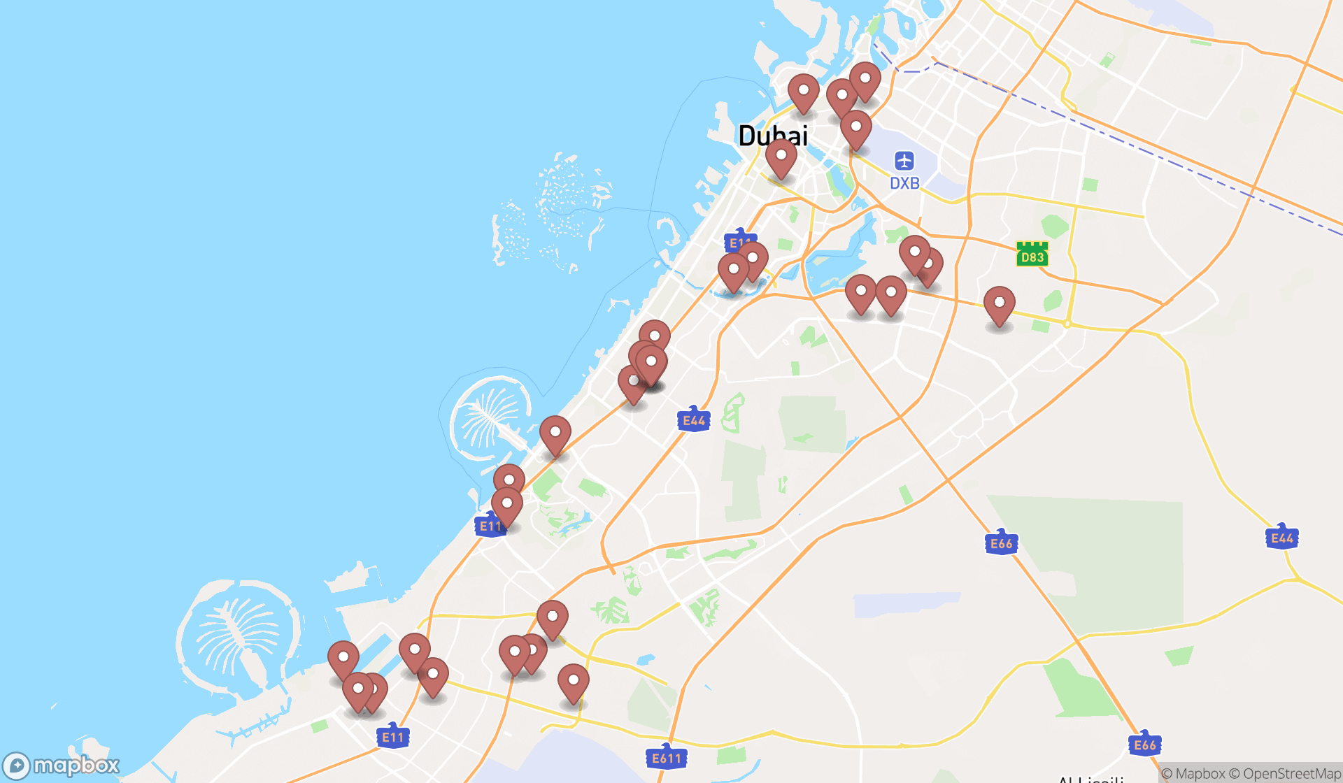 Map showing the search results in Dubai