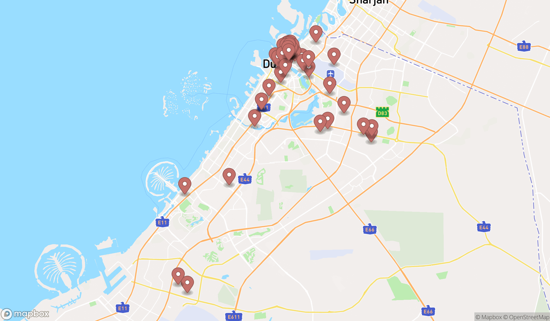 Map showing the search results in Dubai