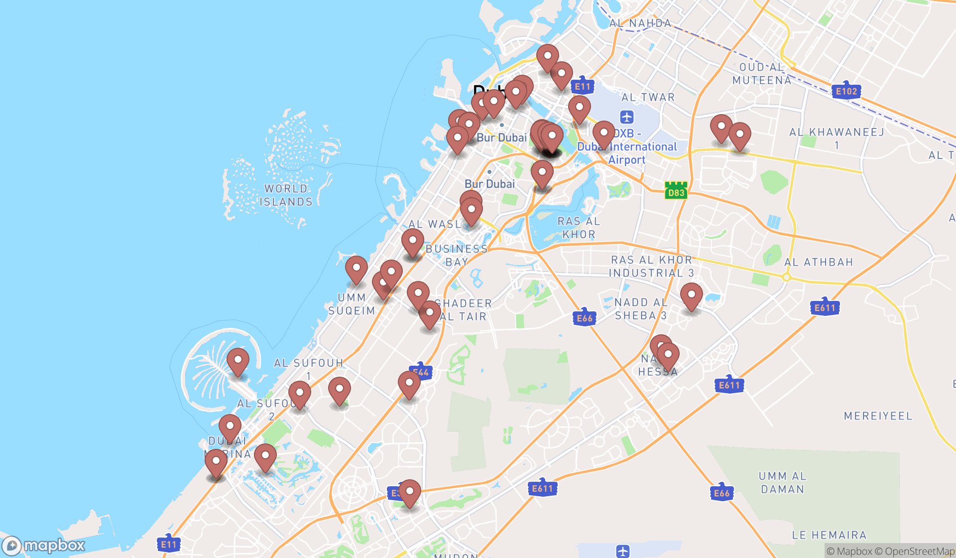 Map showing the search results in Dubai