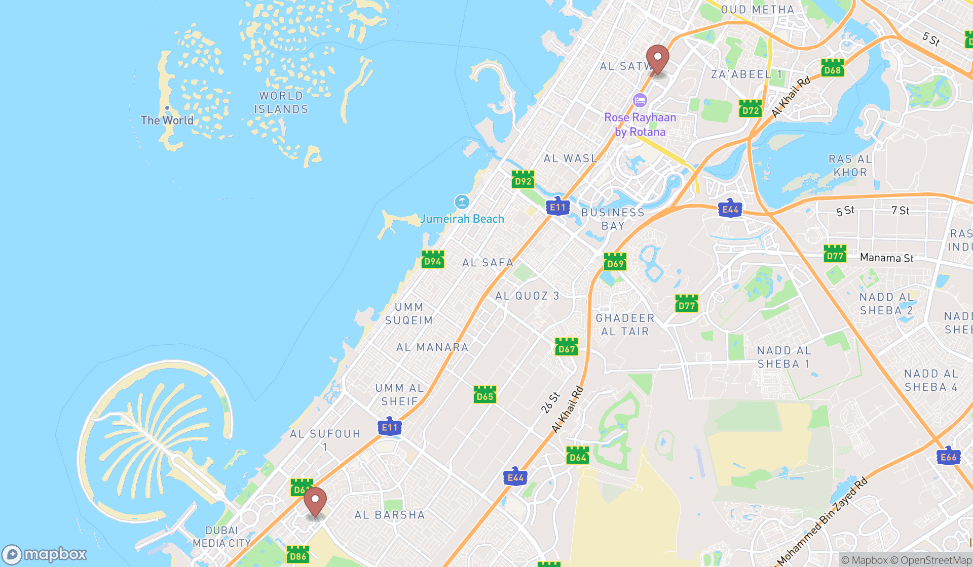 Map showing the search results in Dubai