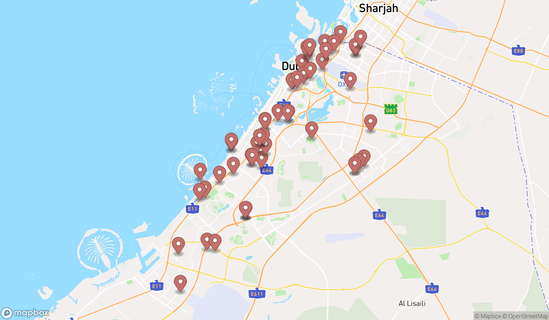 Map showing the search results in Dubai