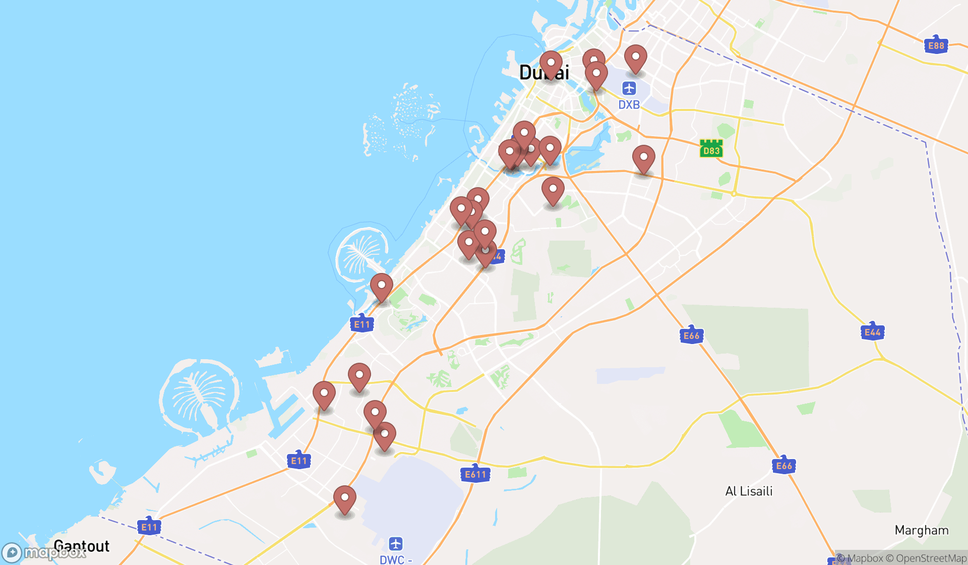 Map showing the search results in Dubai