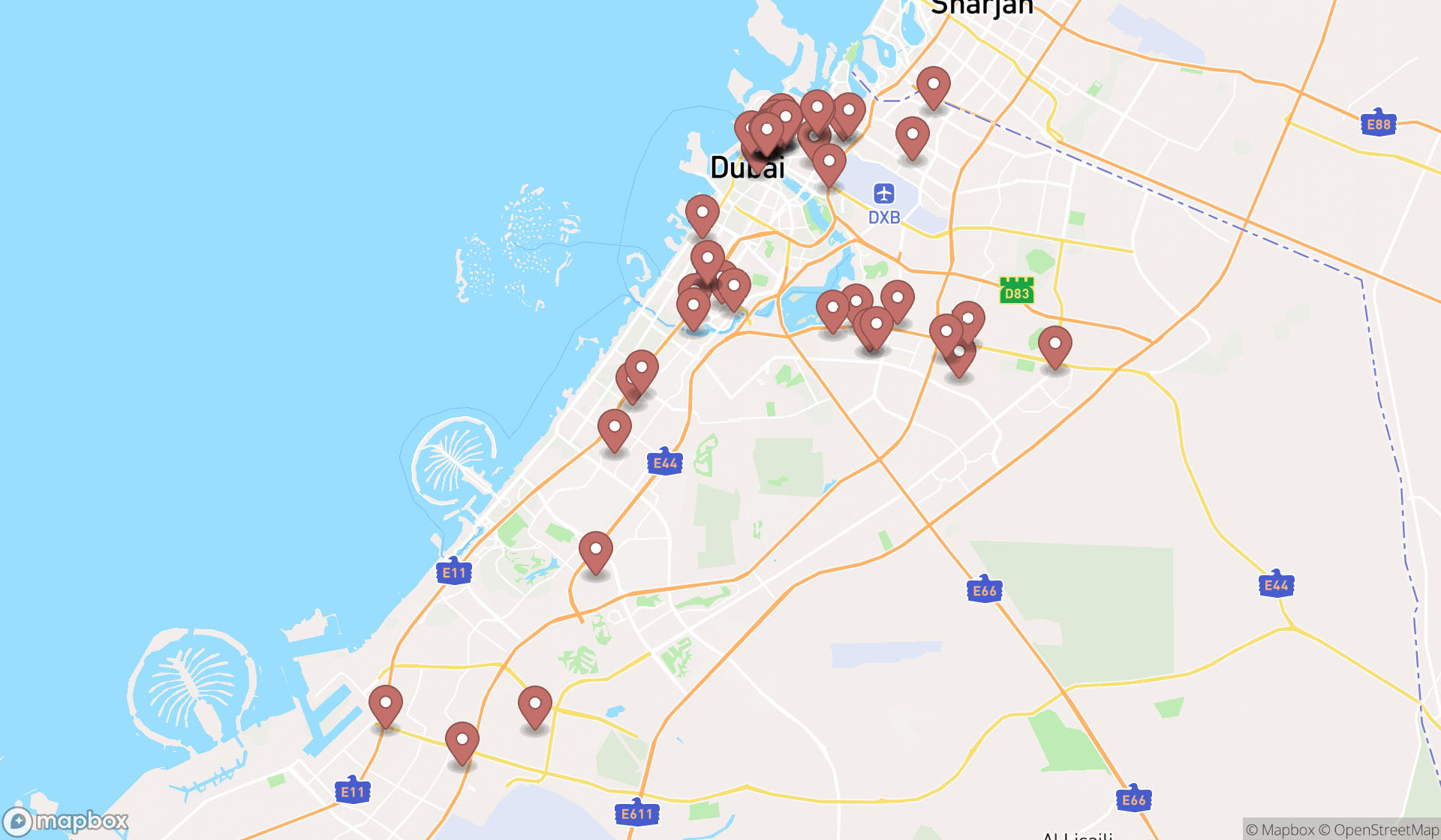 Map showing the search results in Dubai