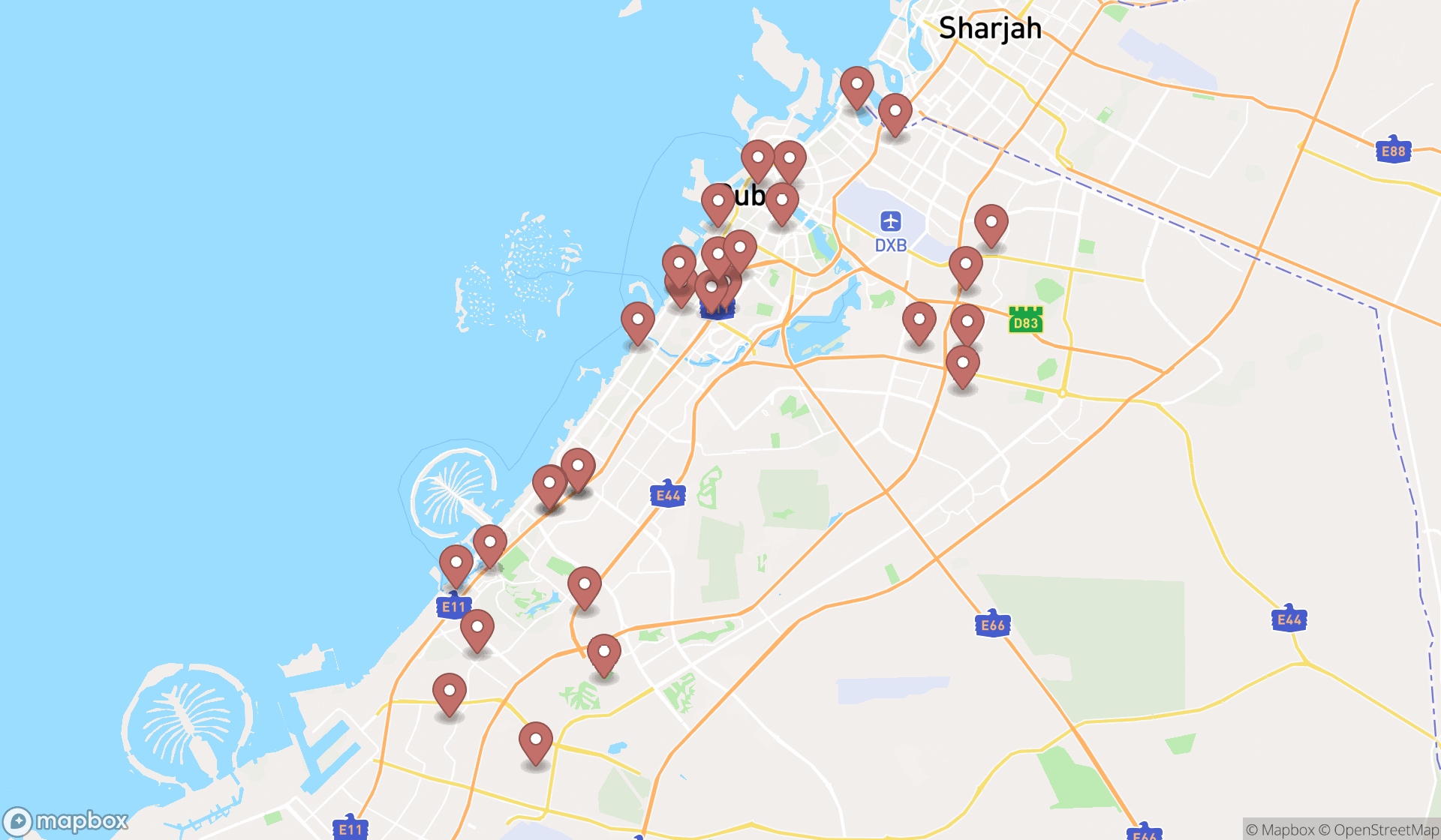 Map showing the search results in Dubai