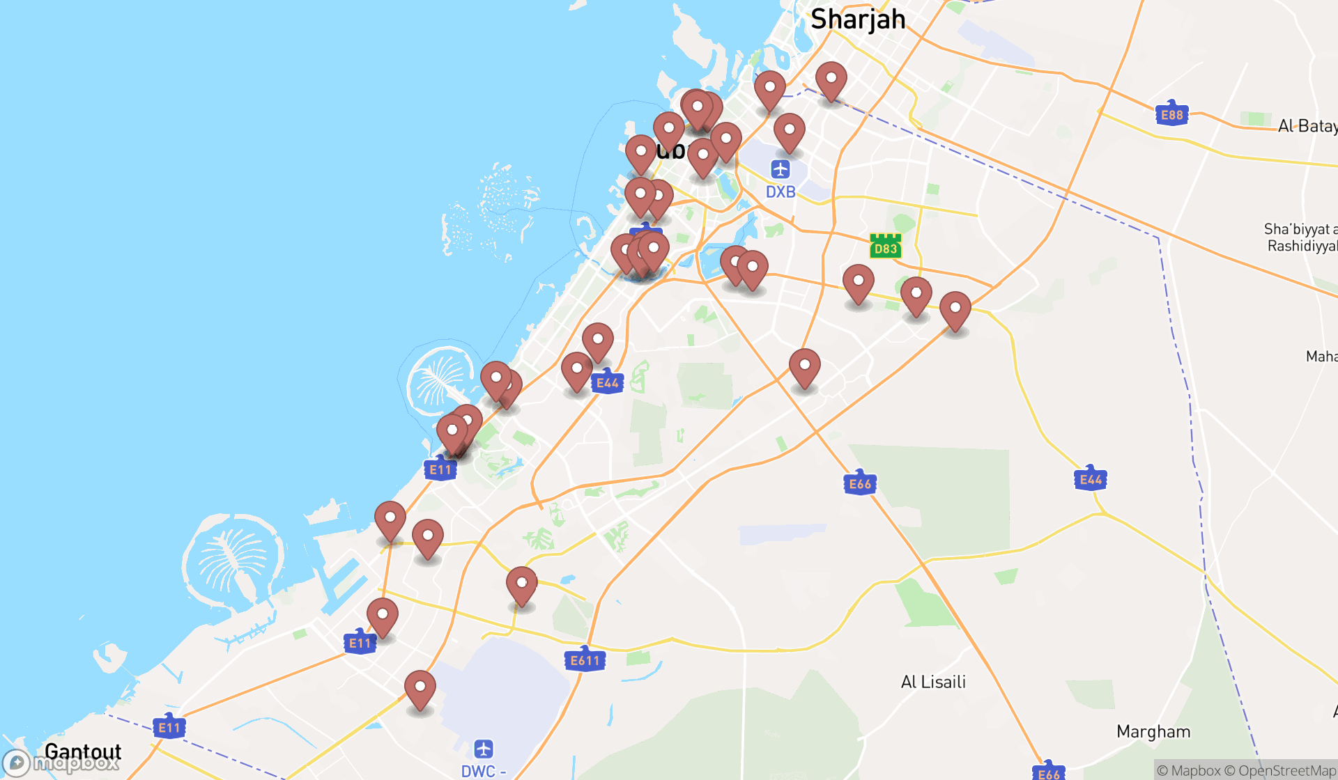 Map showing the search results in Dubai
