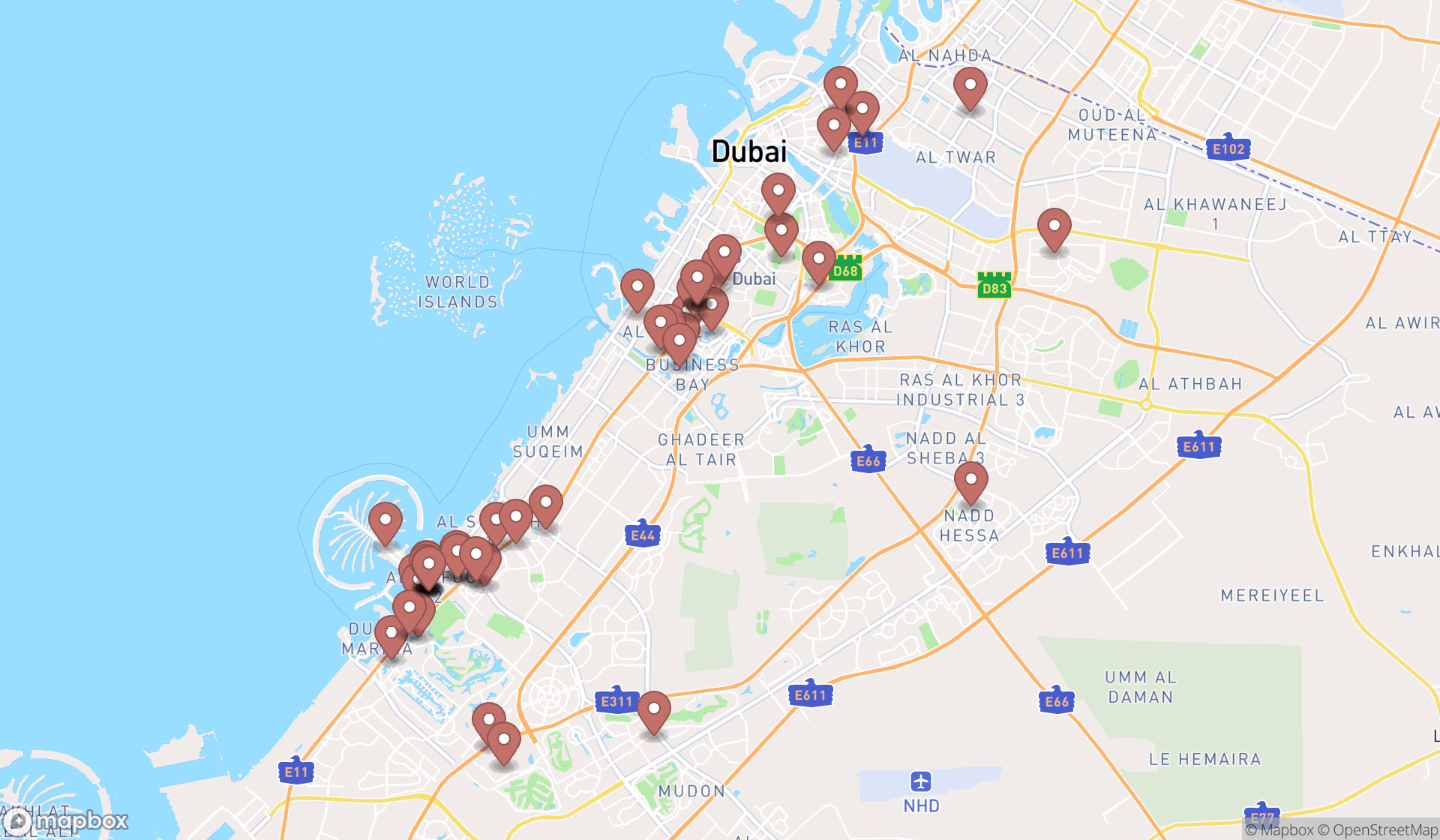 Map showing the search results in Dubai