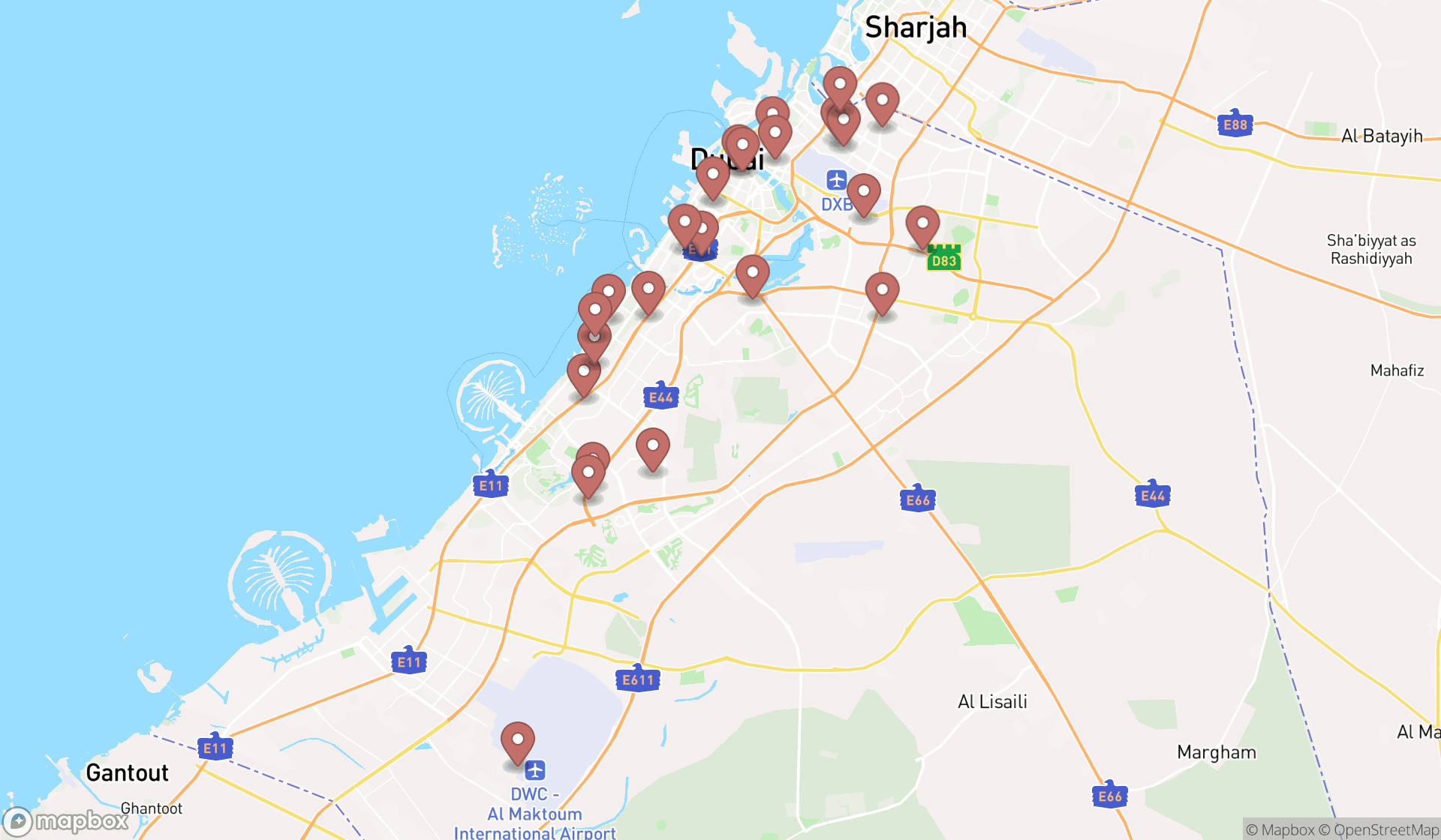 Map showing the search results in Dubai
