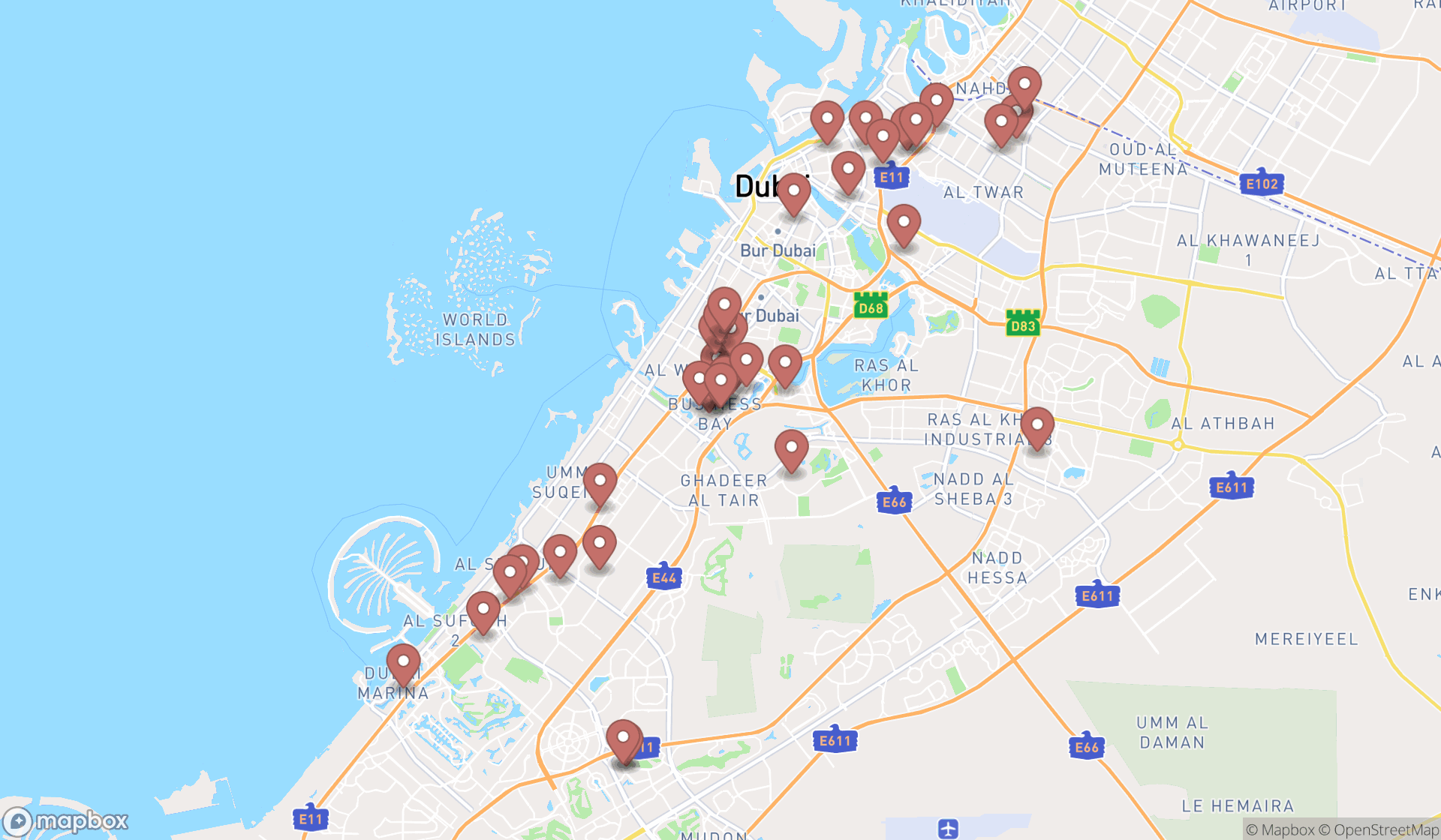 Map showing the search results in Dubai