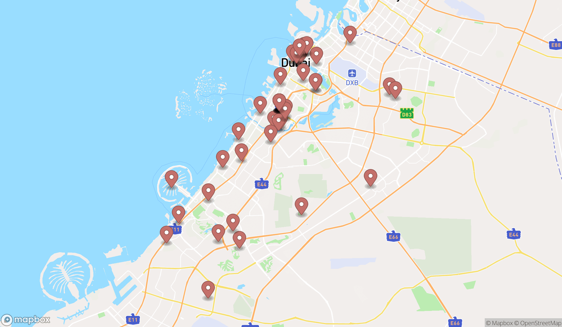 Map showing the search results in Dubai