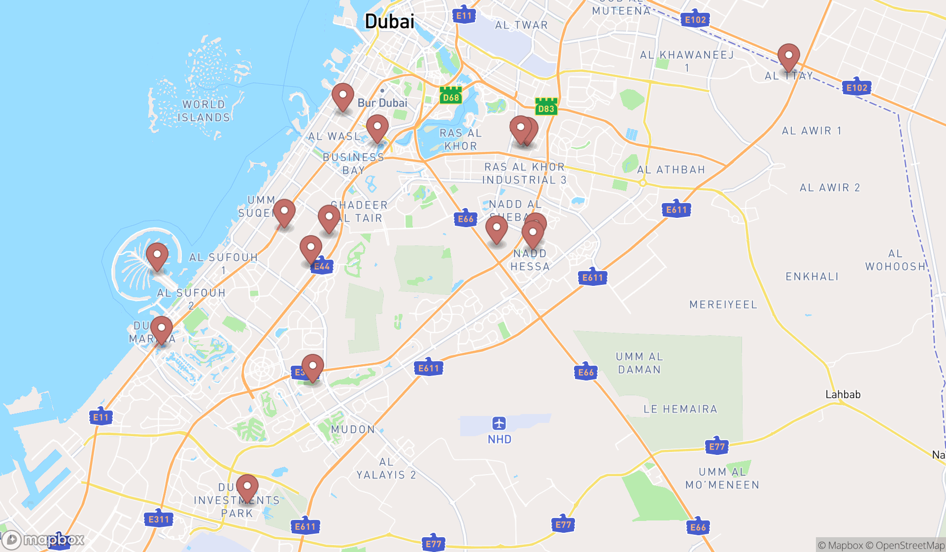 Map showing the search results in Dubai