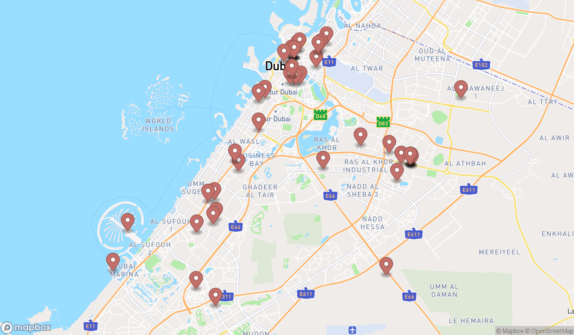 Map showing the search results in Dubai