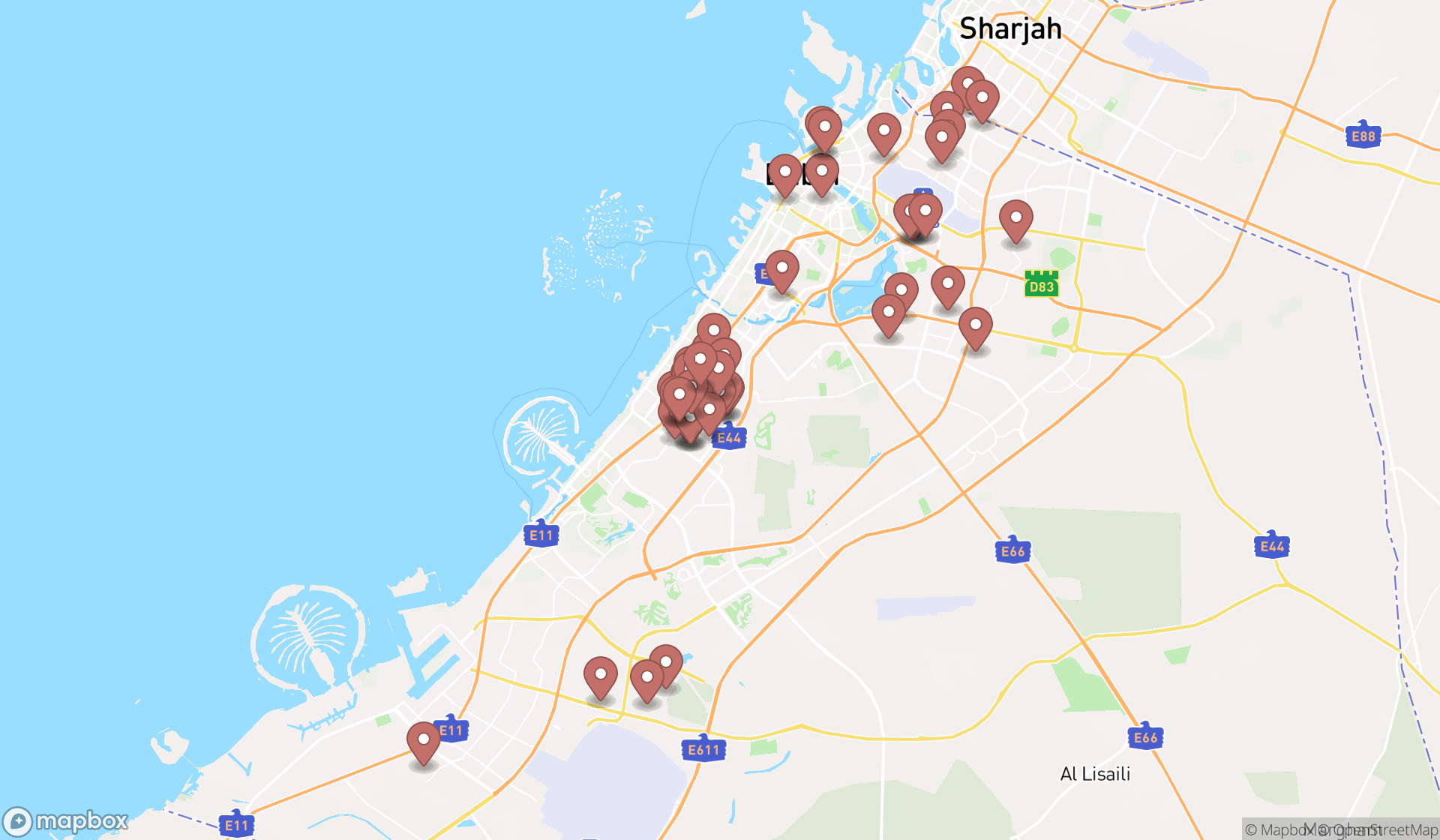 Map showing the search results in Dubai