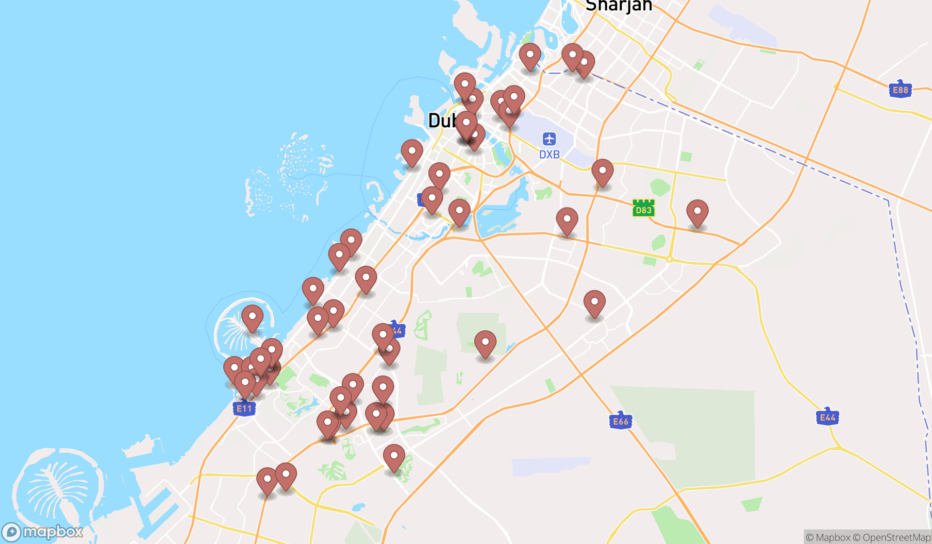 Map showing the search results in Dubai