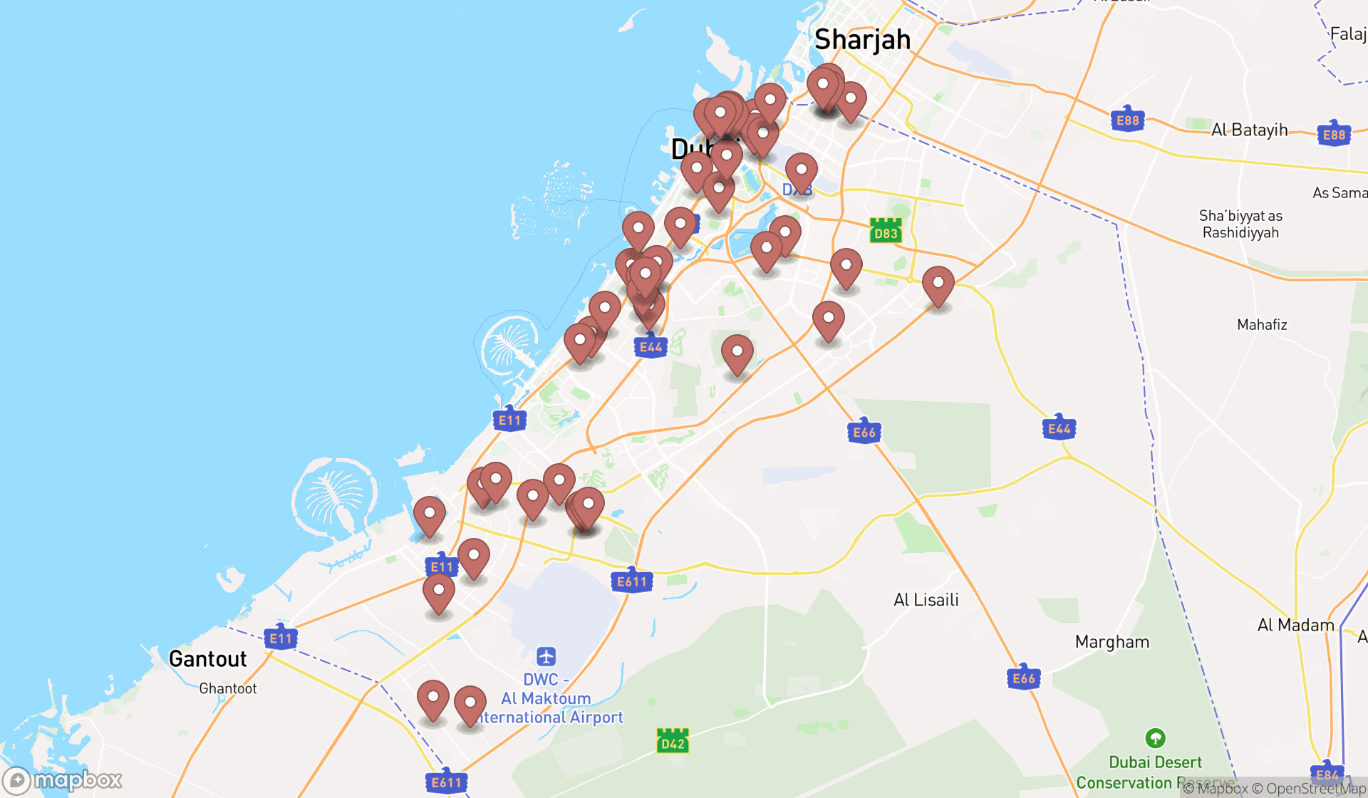 Map showing the search results in Dubai