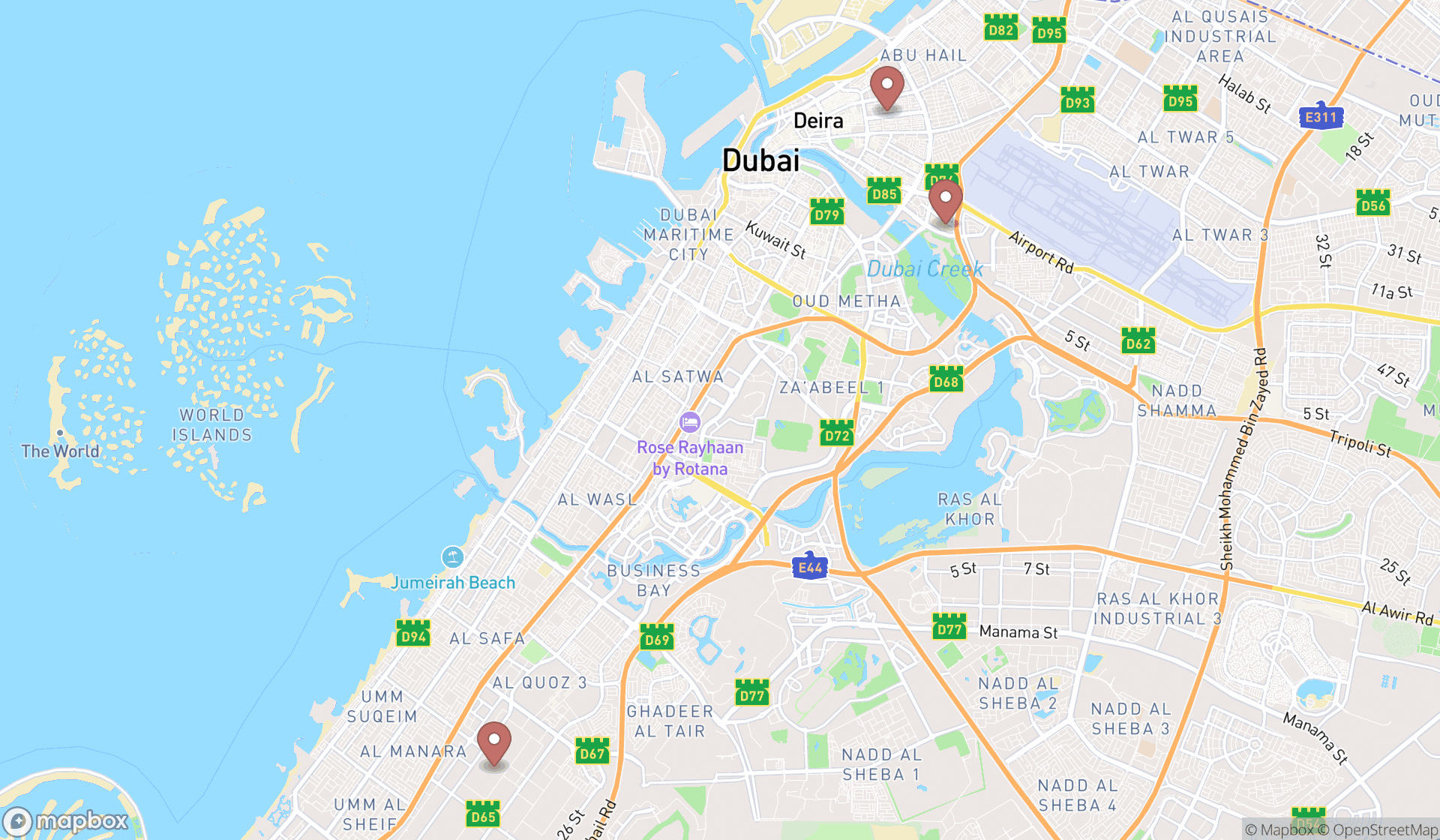 Map showing the search results in Dubai