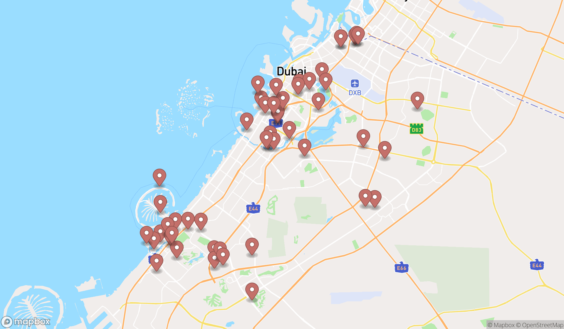 Map showing the search results in Dubai