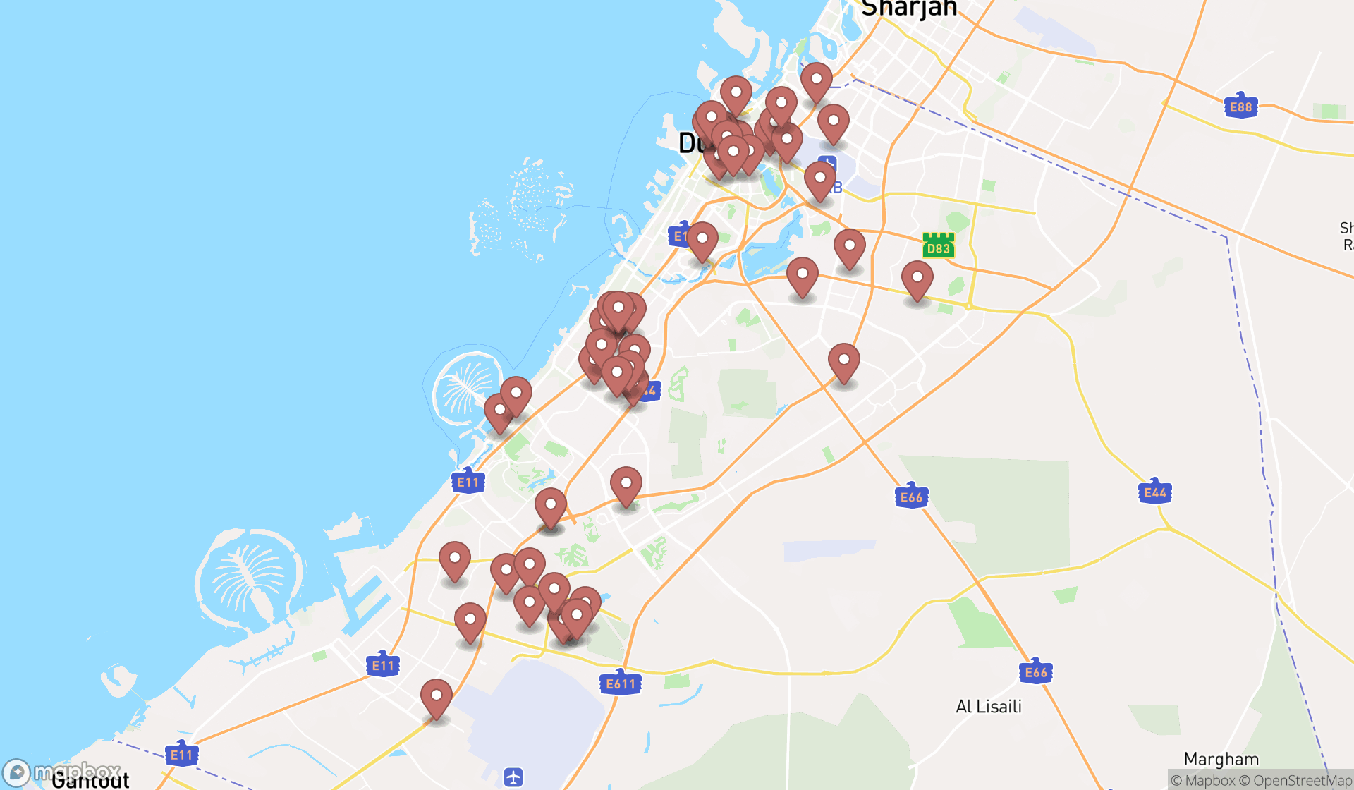 Map showing the search results in Dubai