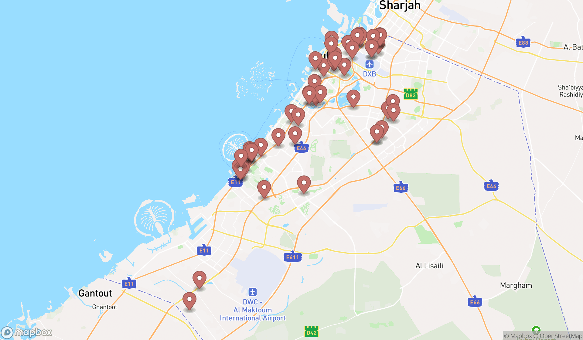 Map showing the search results in Dubai