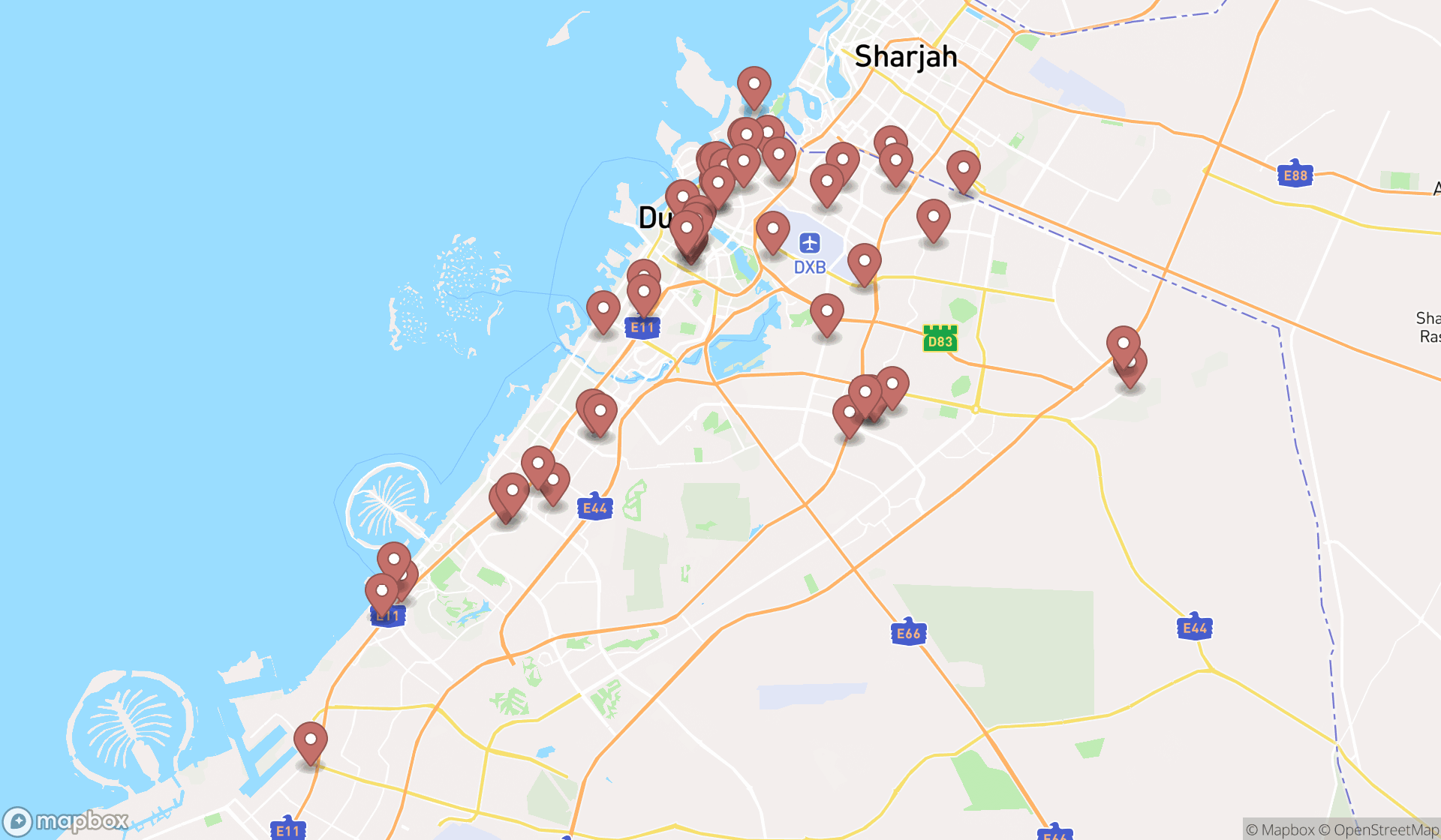 Map showing the search results in Dubai