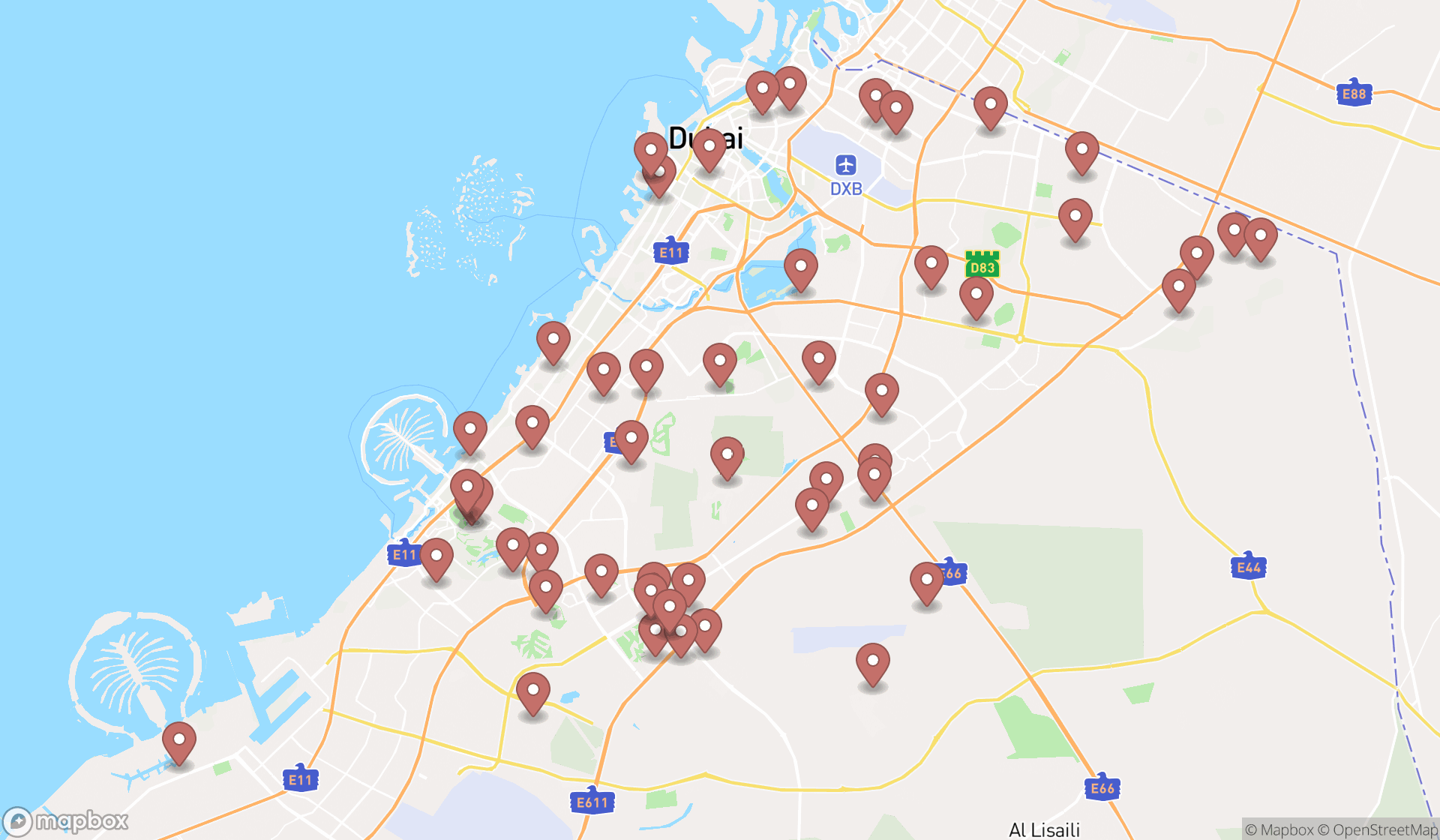 Map showing the search results in Dubai