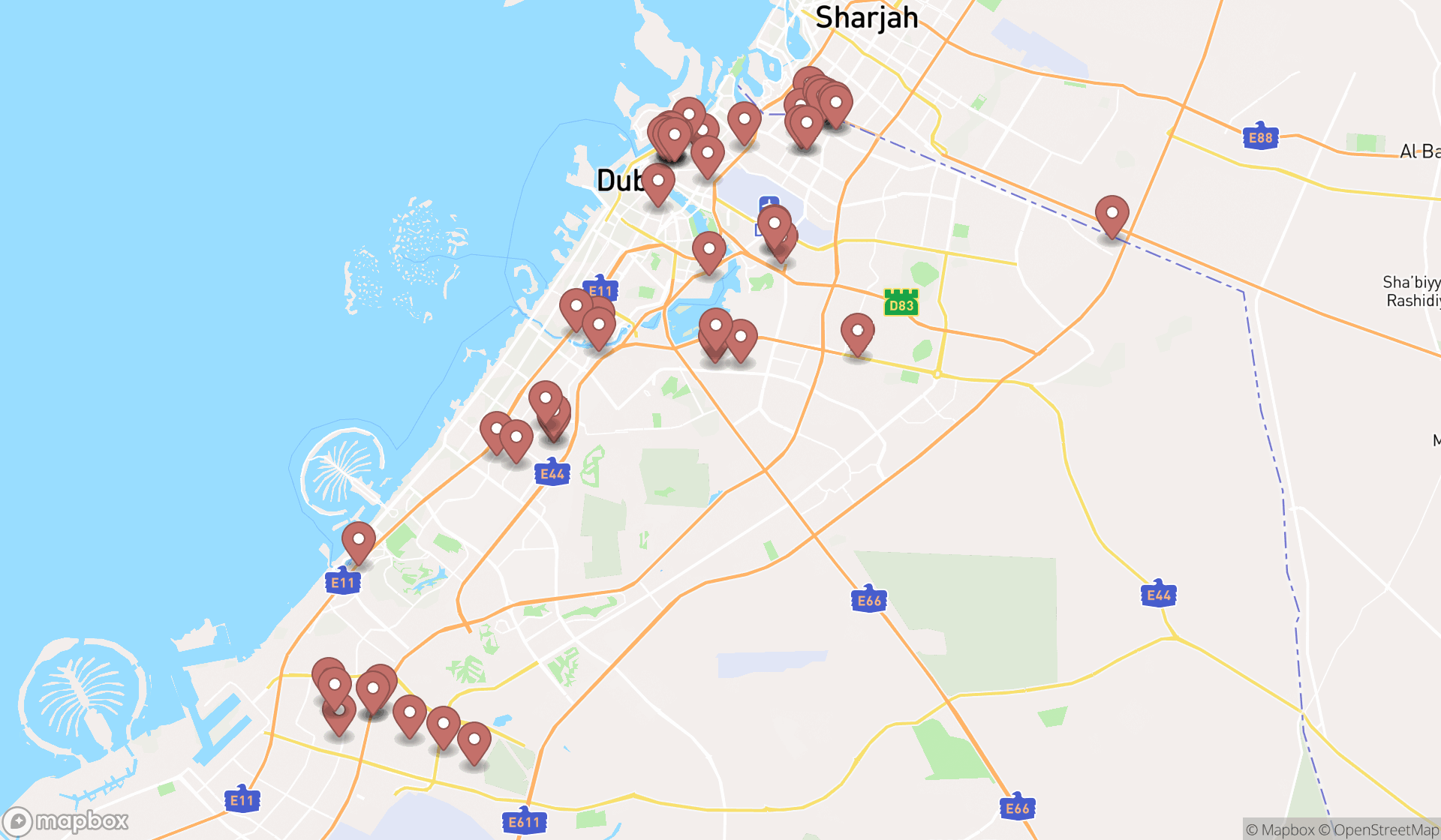 Map showing the search results in Dubai