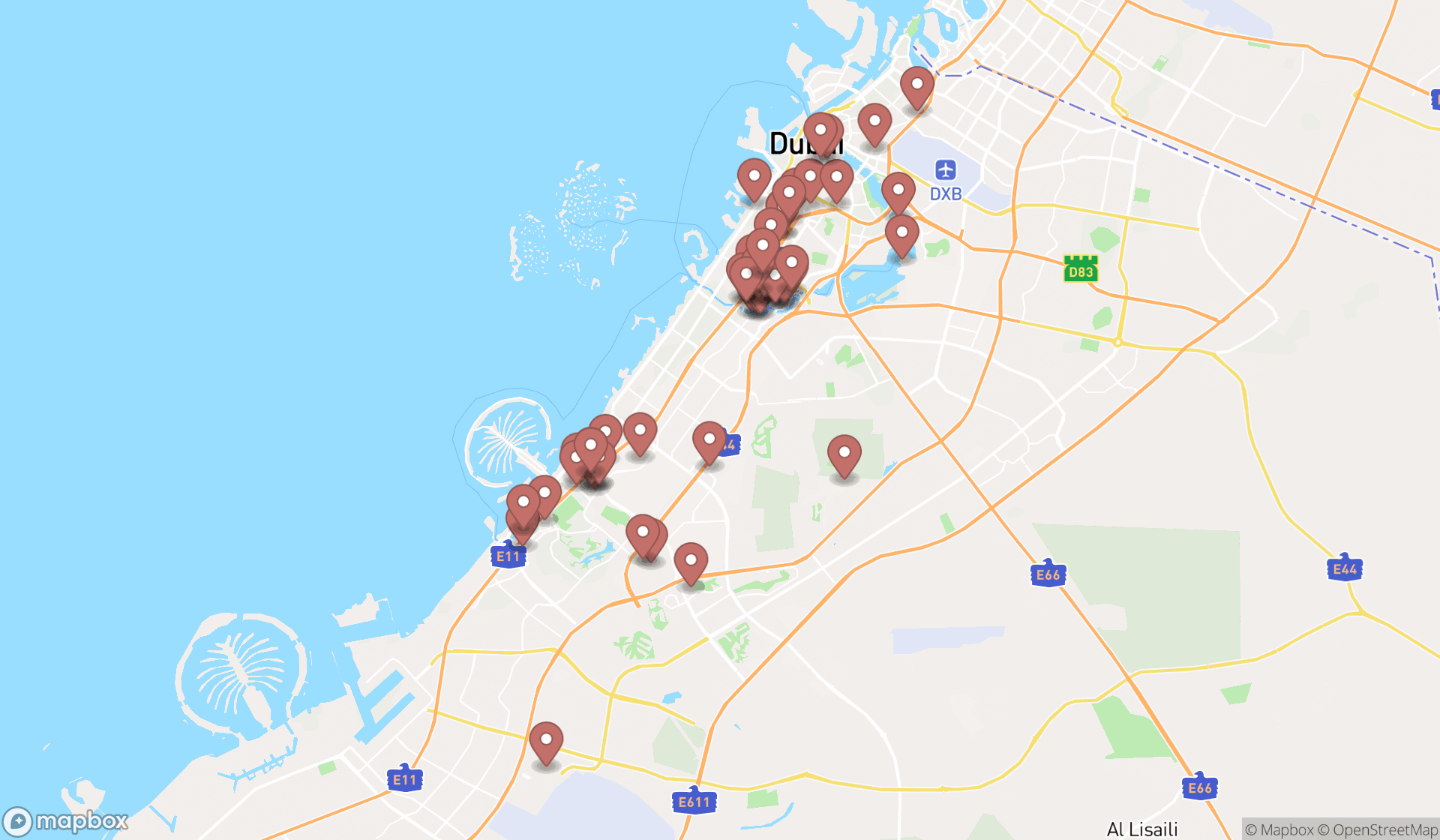 Map showing the search results in Dubai