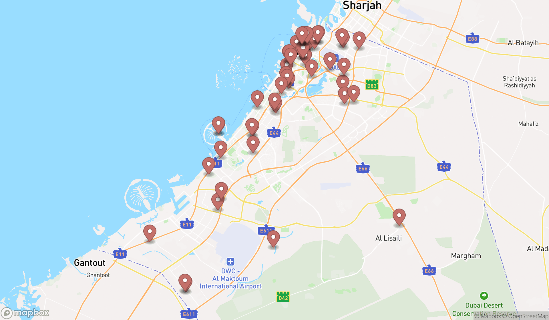 Map showing the search results in Dubai