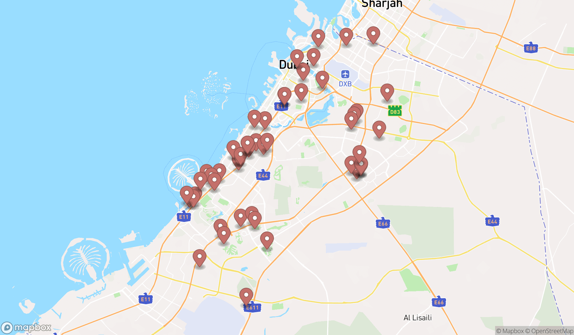 Map showing the search results in Dubai