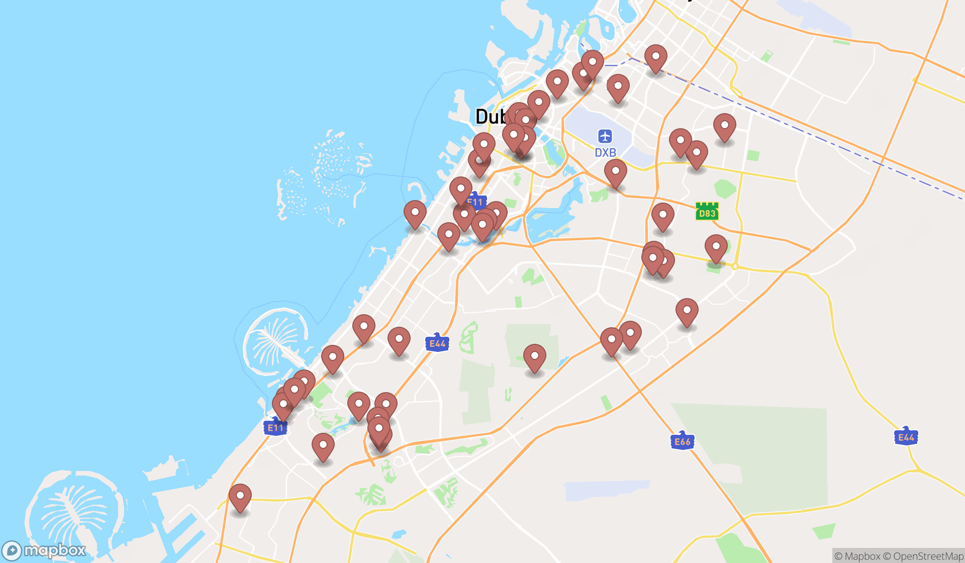 Map showing the search results in Dubai