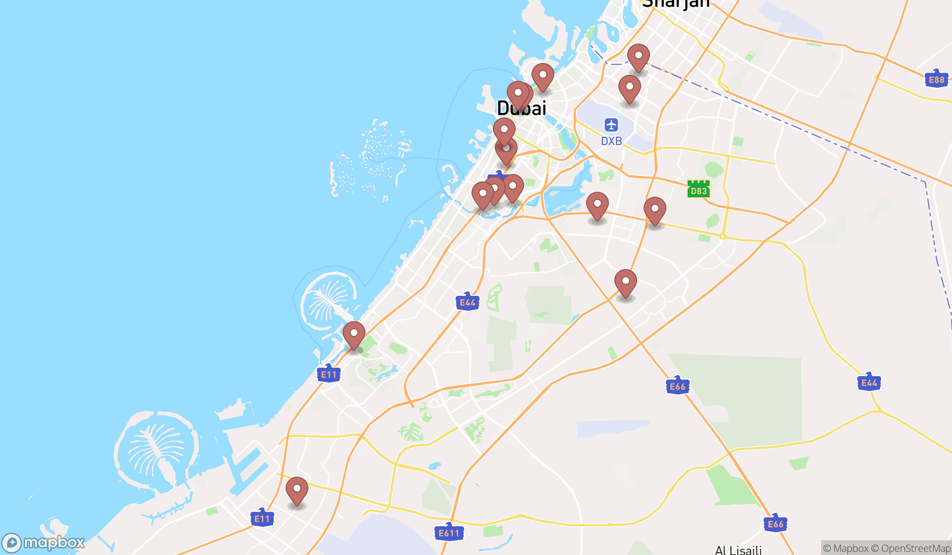 Map showing the search results in Dubai