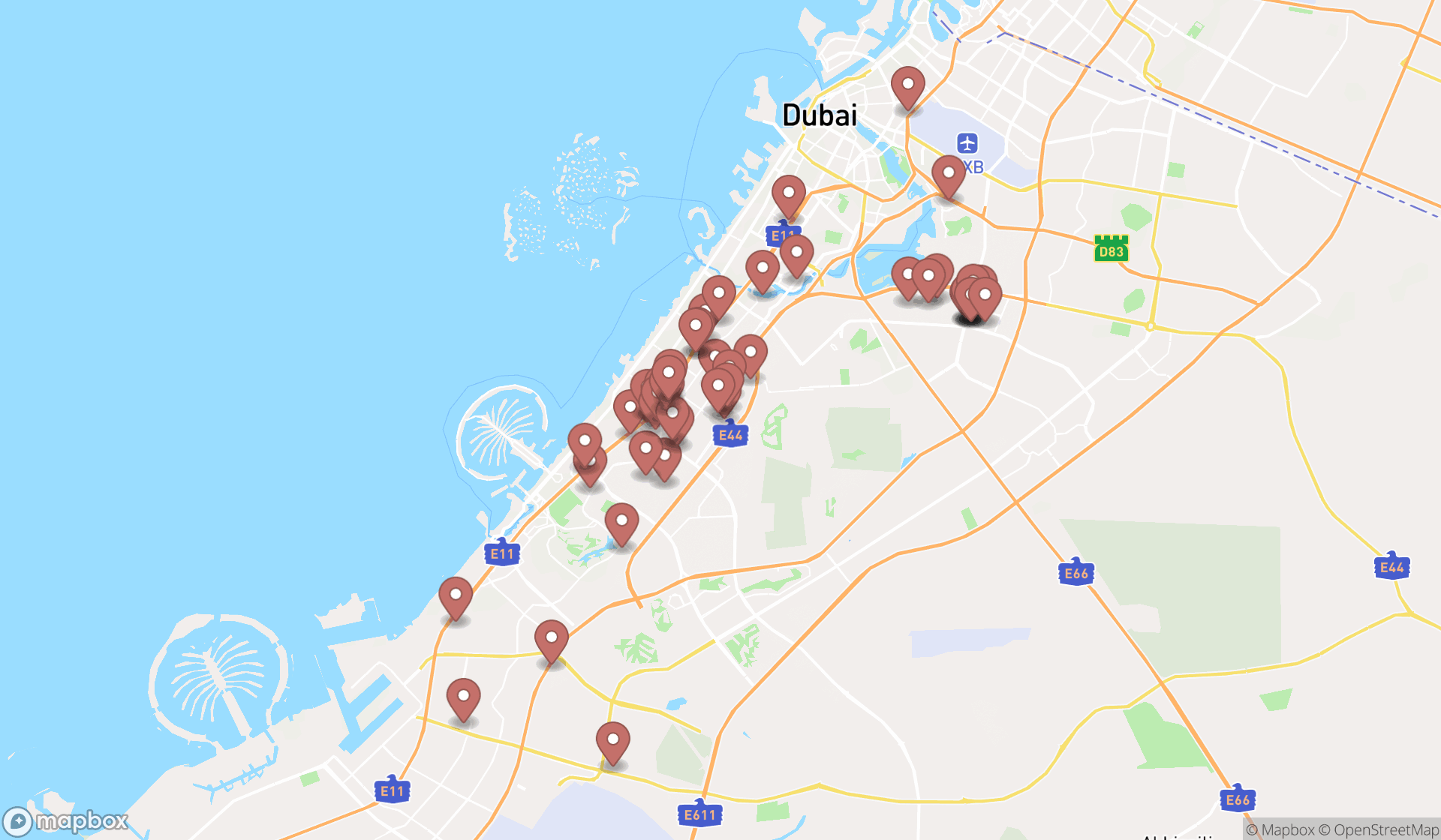 Map showing the search results in Dubai