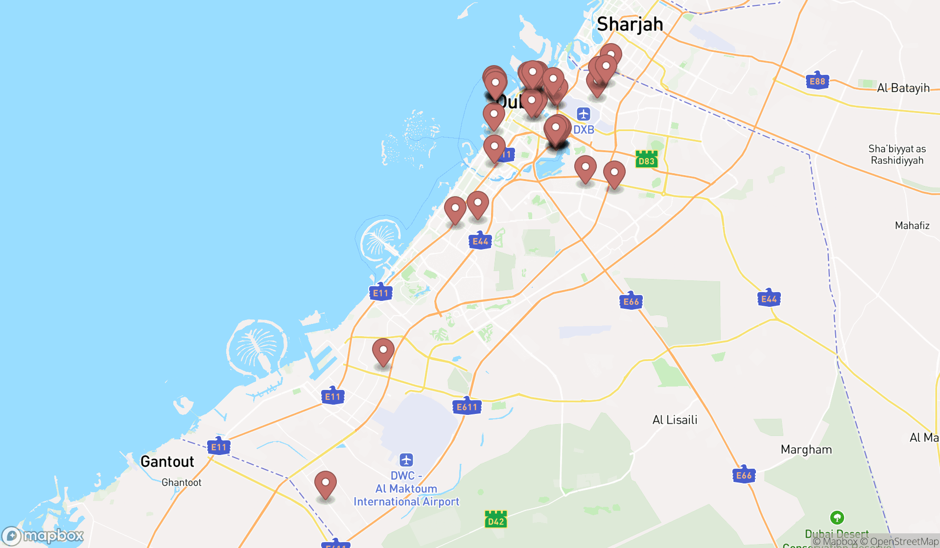 Map showing the search results in Dubai