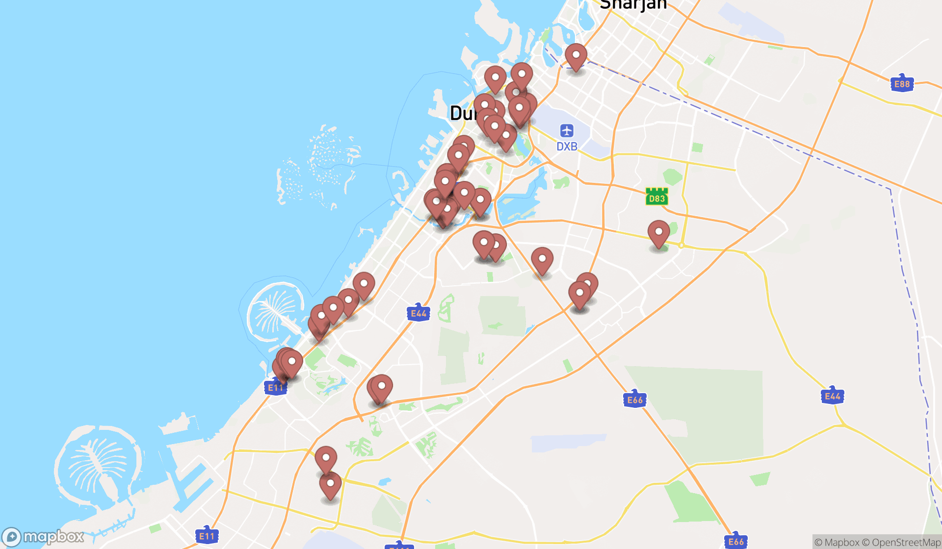 Map showing the search results in Dubai