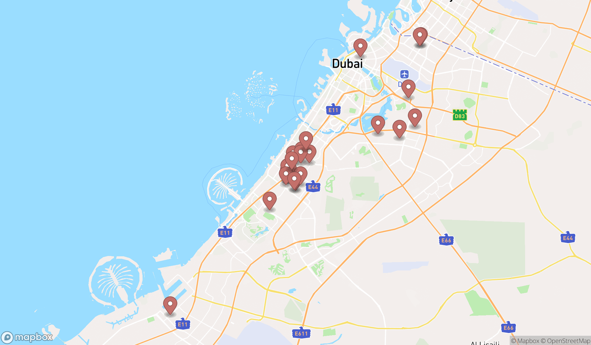 Map showing the search results in Dubai