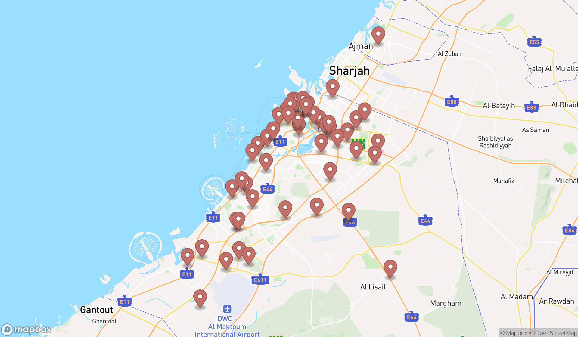 Map showing the search results in Dubai