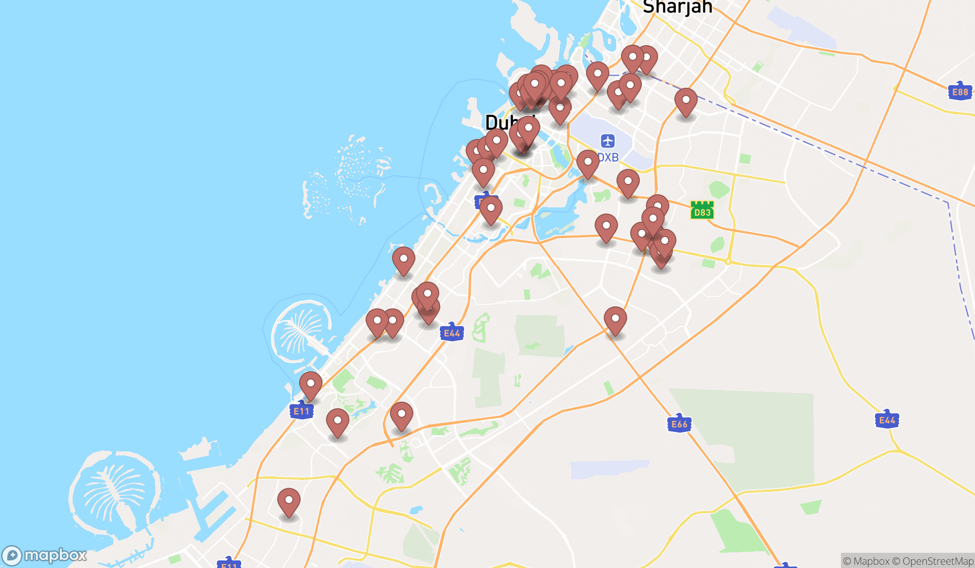 Map showing the search results in Dubai