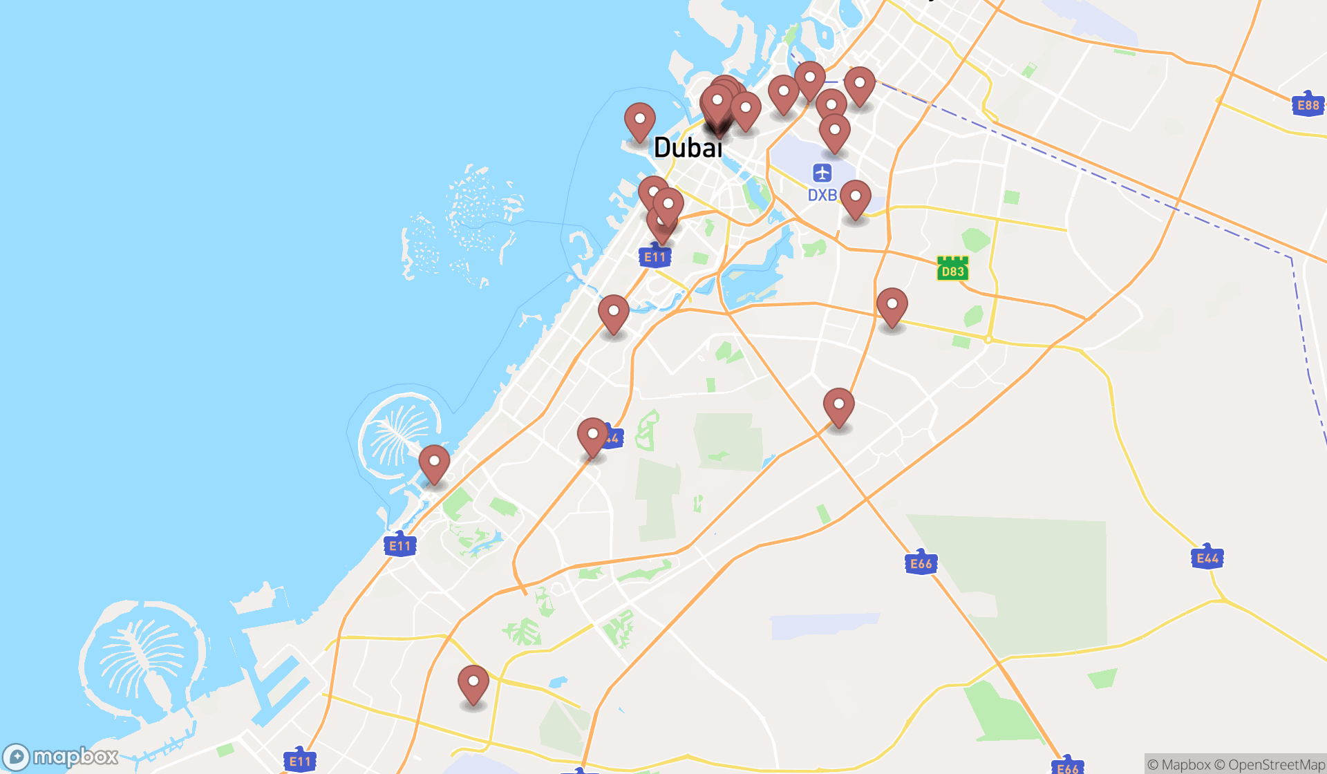 Map showing the search results in Dubai