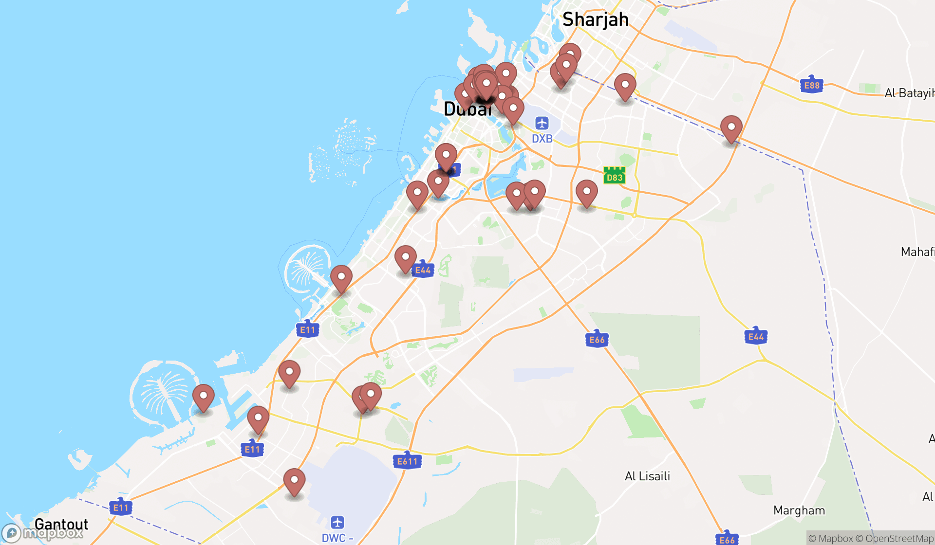 Map showing the search results in Dubai