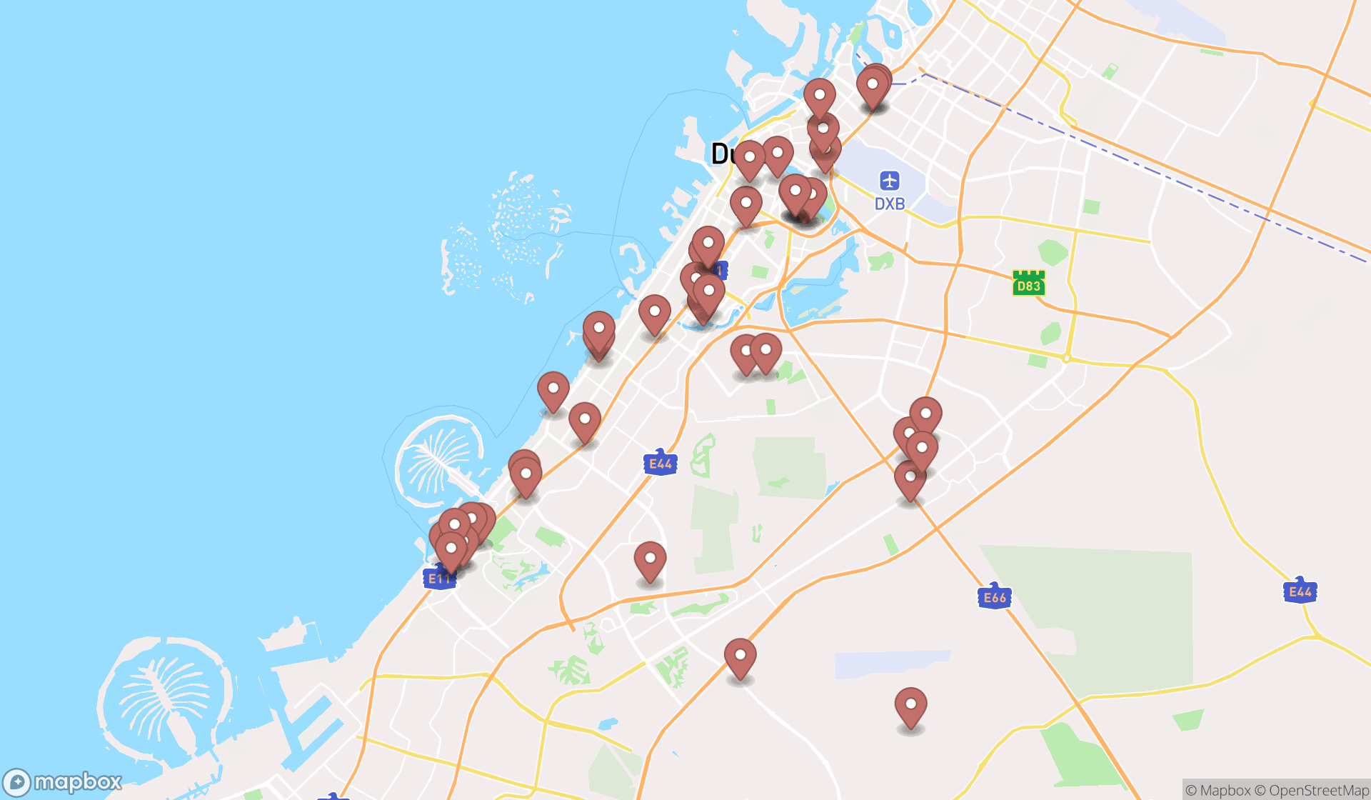 Map showing the search results in Dubai