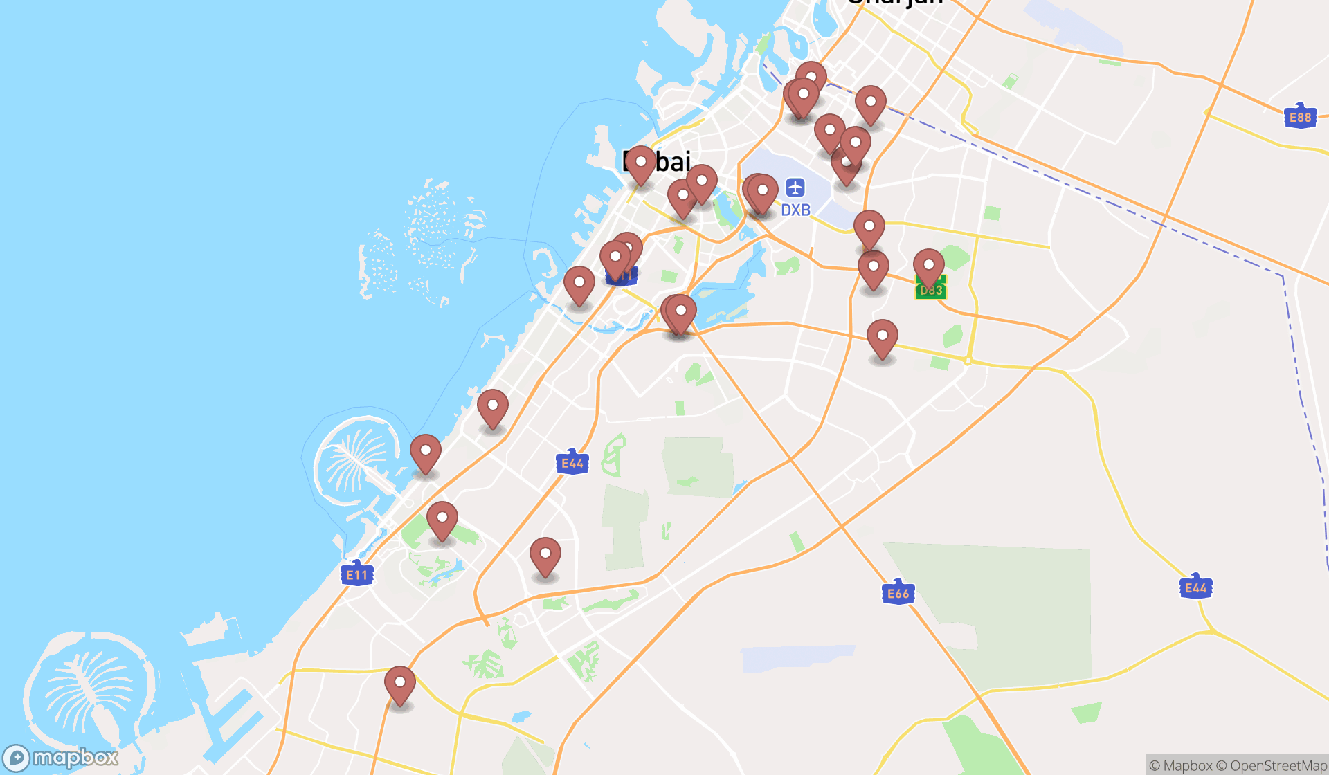 Map showing the search results in Dubai