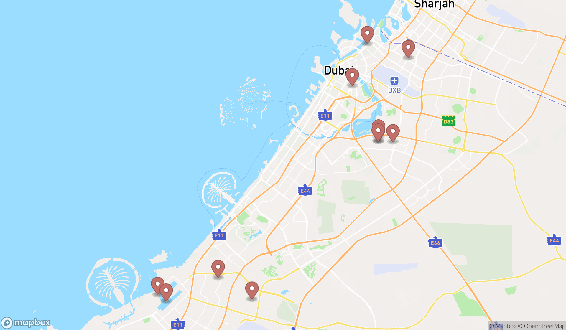 Map showing the search results in Dubai