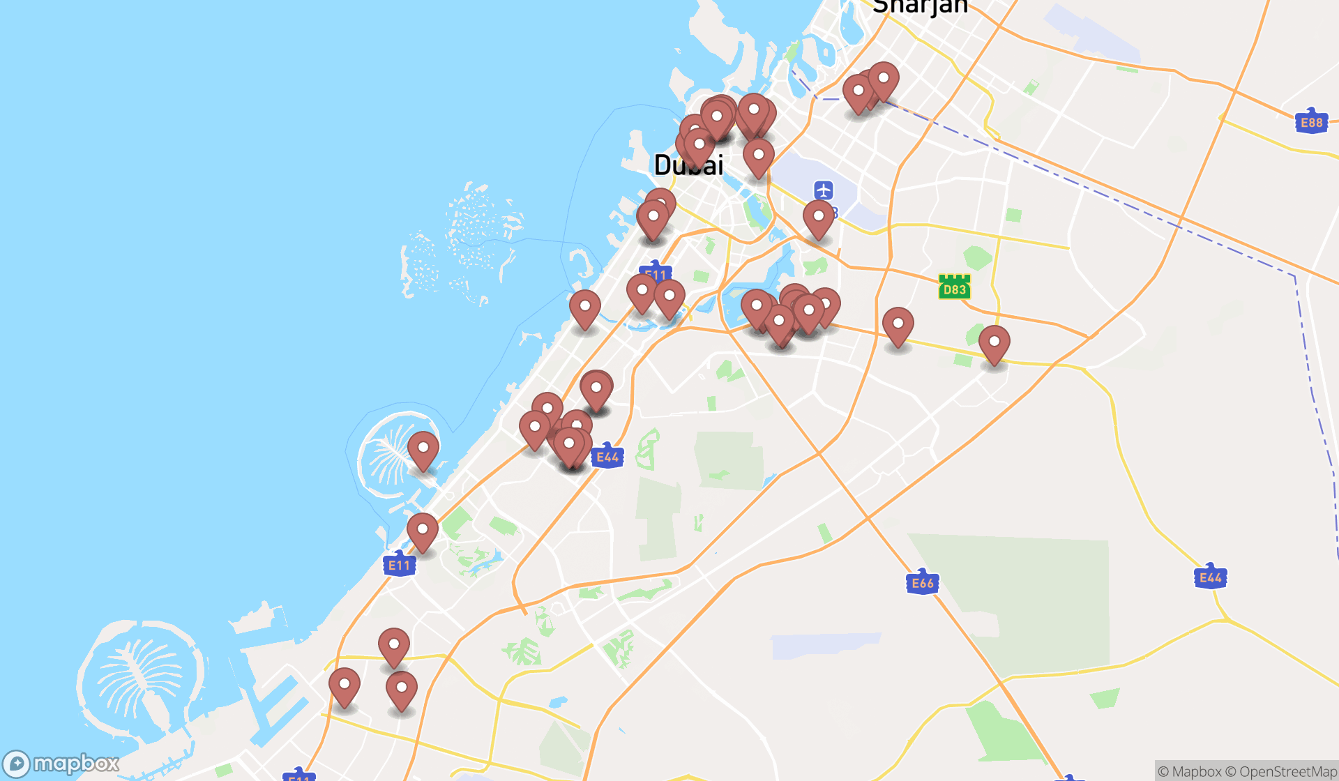 Map showing the search results in Dubai