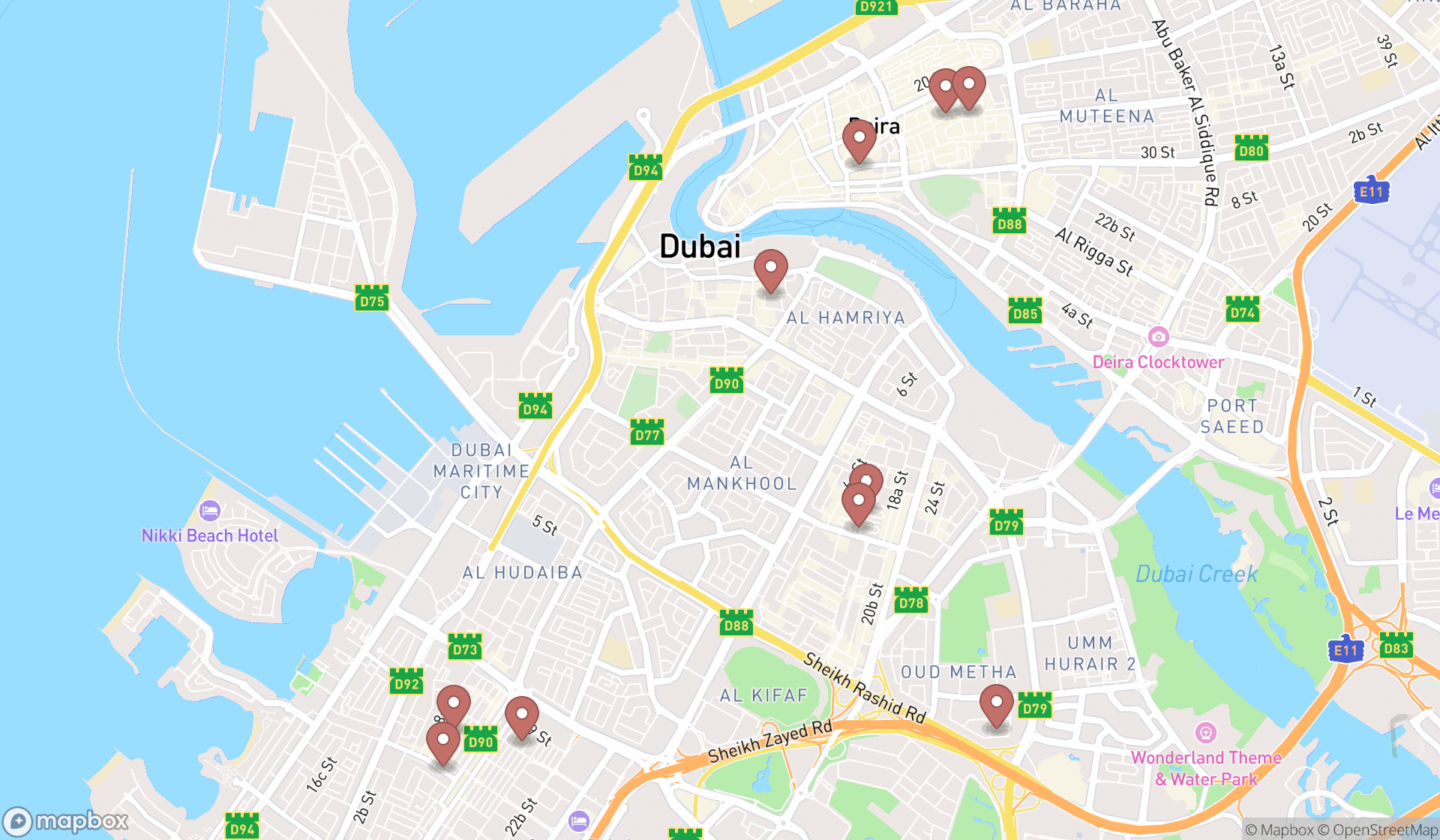 Map showing the search results in Dubai